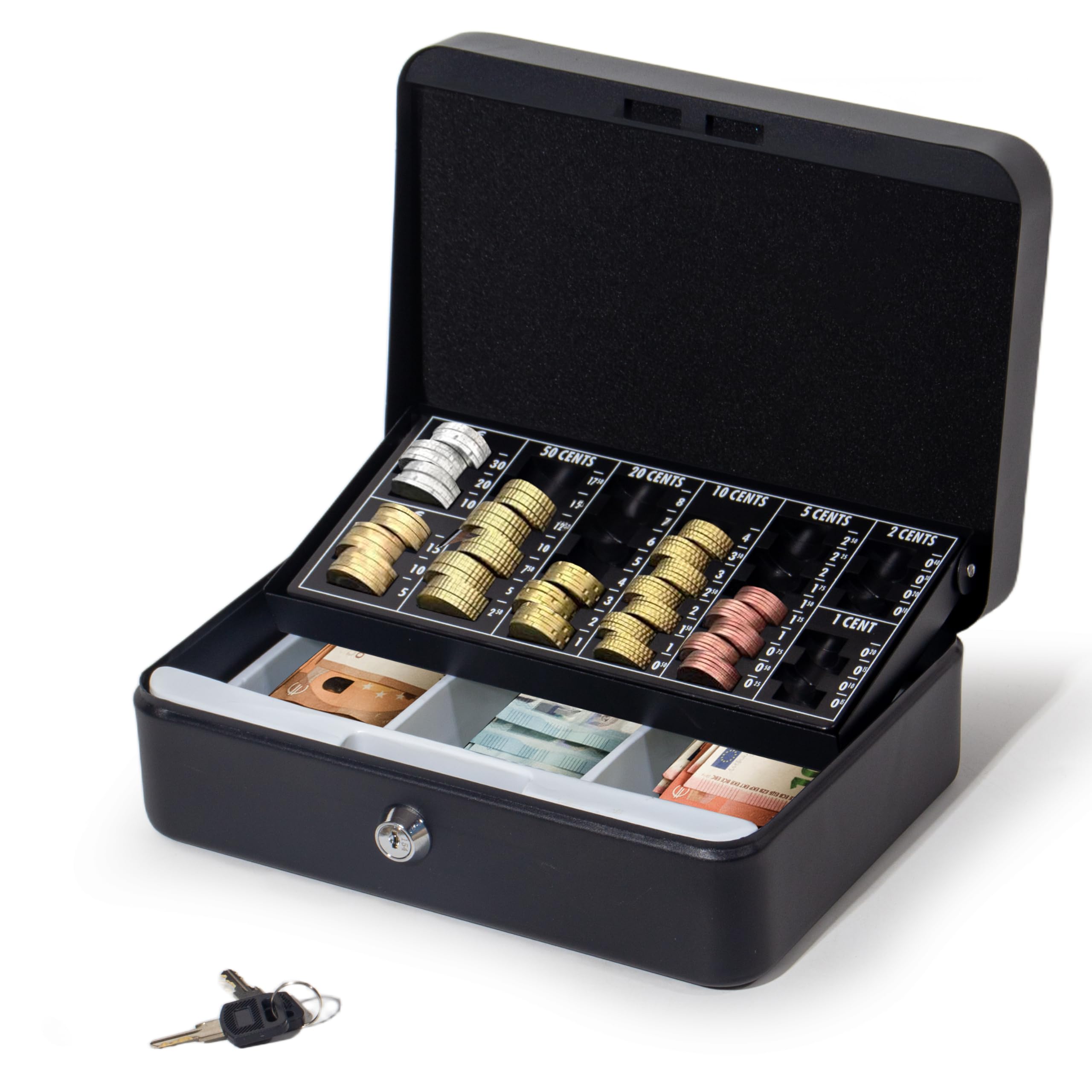 GREELUE Geldkassette mit münzzählbrett, 25 * 18 * 8.5 CM, Kasse Abschließbar, Cash Box Groß, Spardose, Geld organizer (Schwarz-25cm)