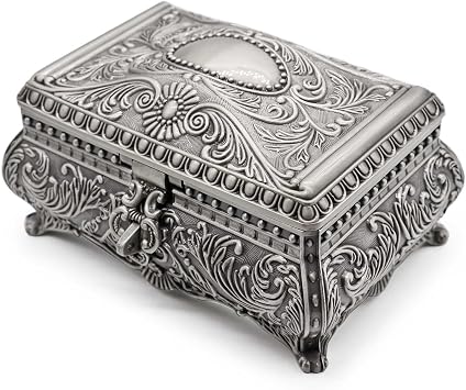Rectangle Antique Metal Jewelry Box Trinket Storage Organizer Gift Box Chest Ring Case with Floral Engraved for Girls Ladies Women, Large