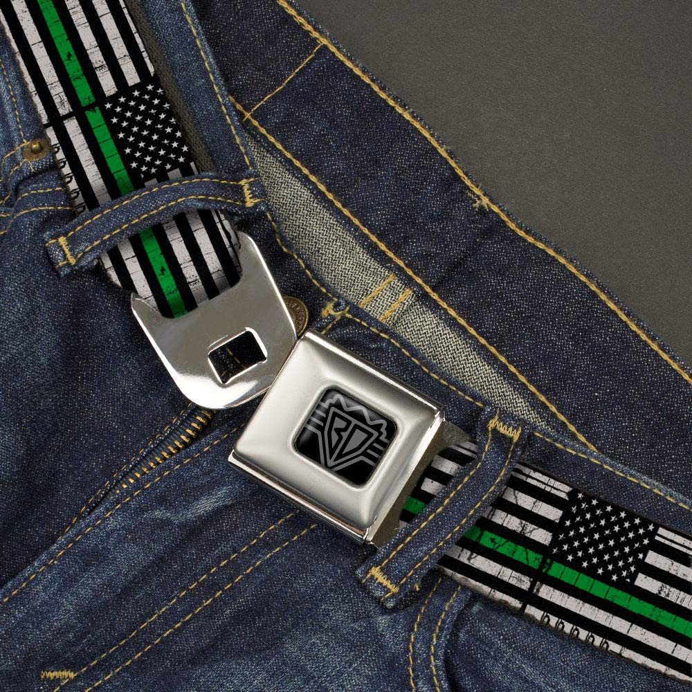 Buckle-Down Belt, Seatbelt Buckle Belt, Thin Green Line Flag Weathered Black Gray Green, 32 to 52 Inches