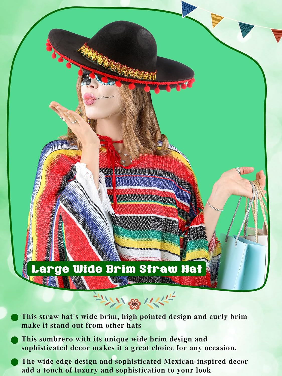 3 Pack Mexican Sombrero Hat Black Felt Fiesta Large Sombrero Hat with Ball Fringe for Fiesta Mexican theme Party Outfit Accessories - Image 6