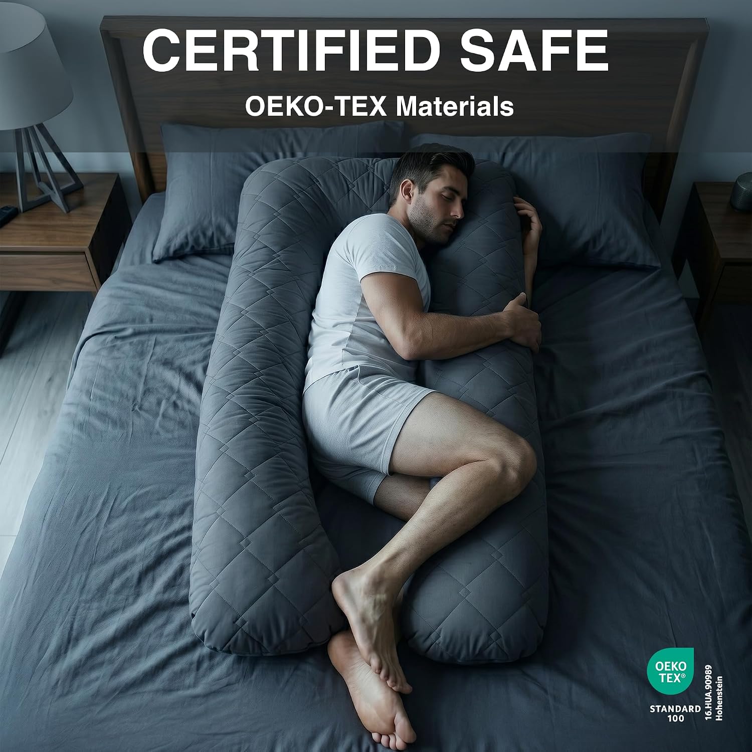 U Shaped Body Pillow for Side Sleepers Full Body Support for Back Pain Hip Pressure Quilted Microfiber Cover Men and Women Maternity Pregnancy Pillow 55 Inches Charcoal