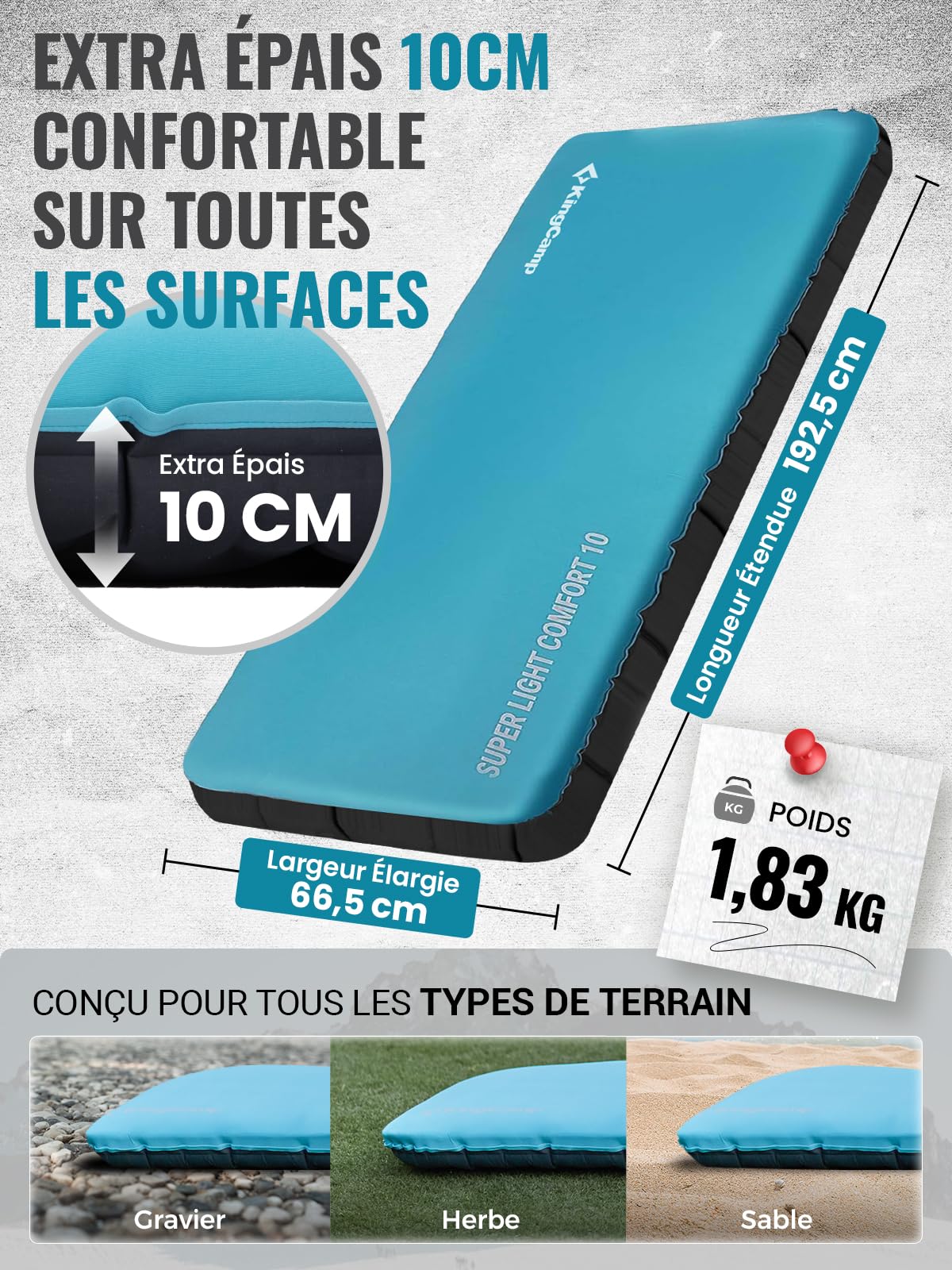 KingCamp Matelas Camping Gonflable Mousse Mémoire 10cm, Confort, Robuste | Matelas Air, Silencieux, R-Value 4,9, Toute Saison, Compact, Léger, avec Sac-Pompe 2-en-1, pour Auto-Camping et Trekking