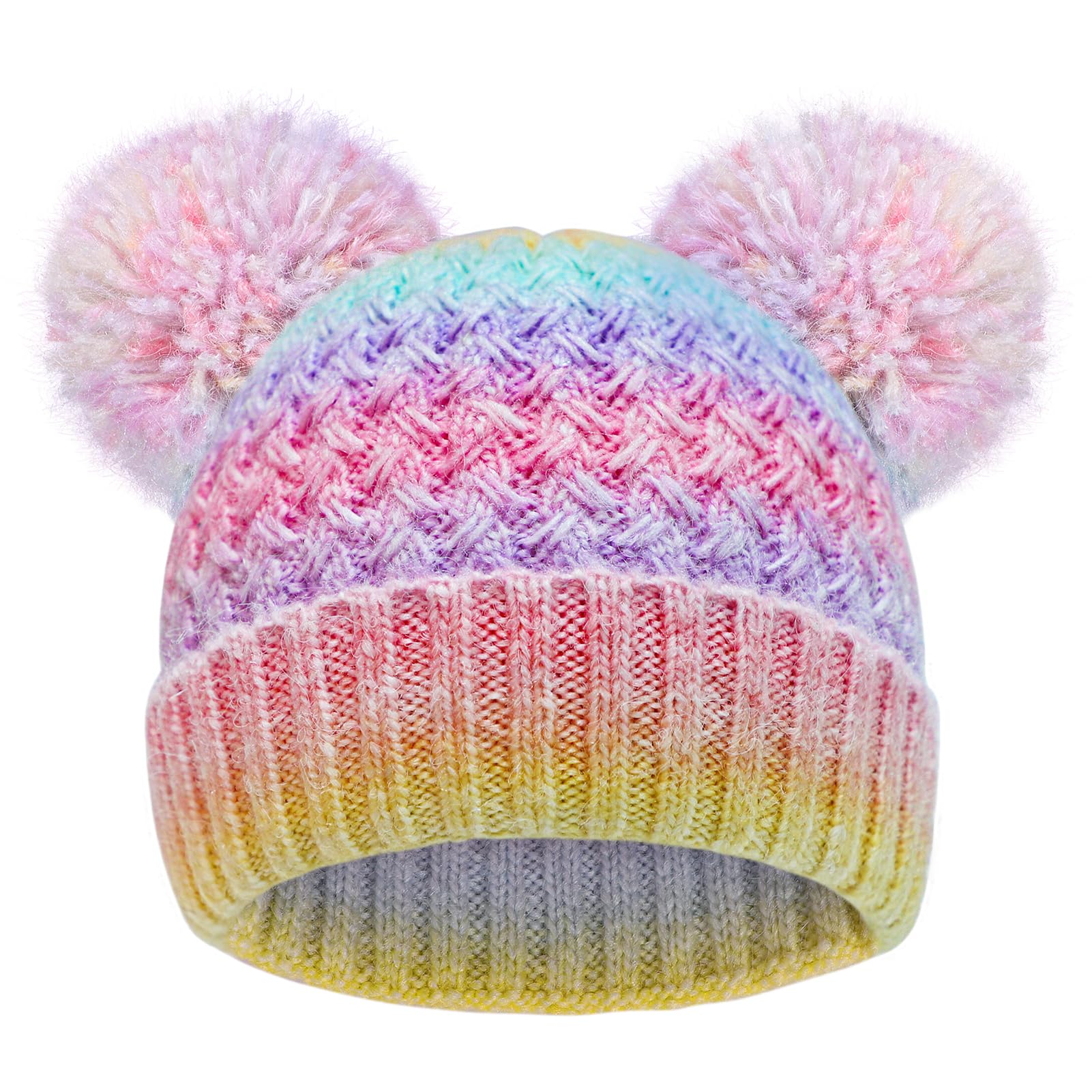 Kids Winter Hat Warm Knitted Beanies with Double Pom Pom Thick Ski Cap for Boys Girls 7-12 Years