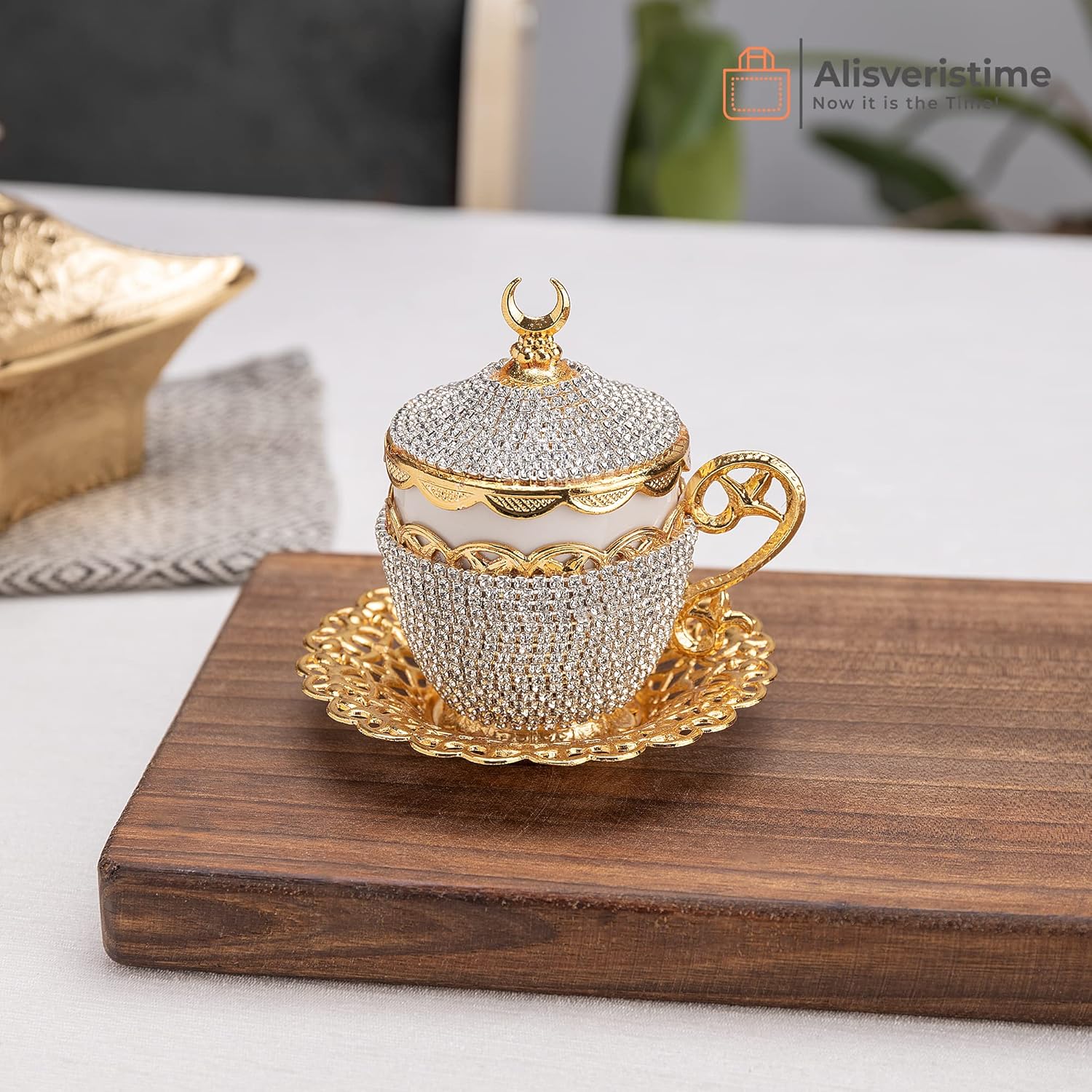 Alisveristime 27 Pc Ottoman Turkish Greek Arabic Coffee Espresso Serving Cup Saucer Crystal Set (Gelincik) - Handcrafted Traditional Set with Hilal Motifs (Gold) - Image 6