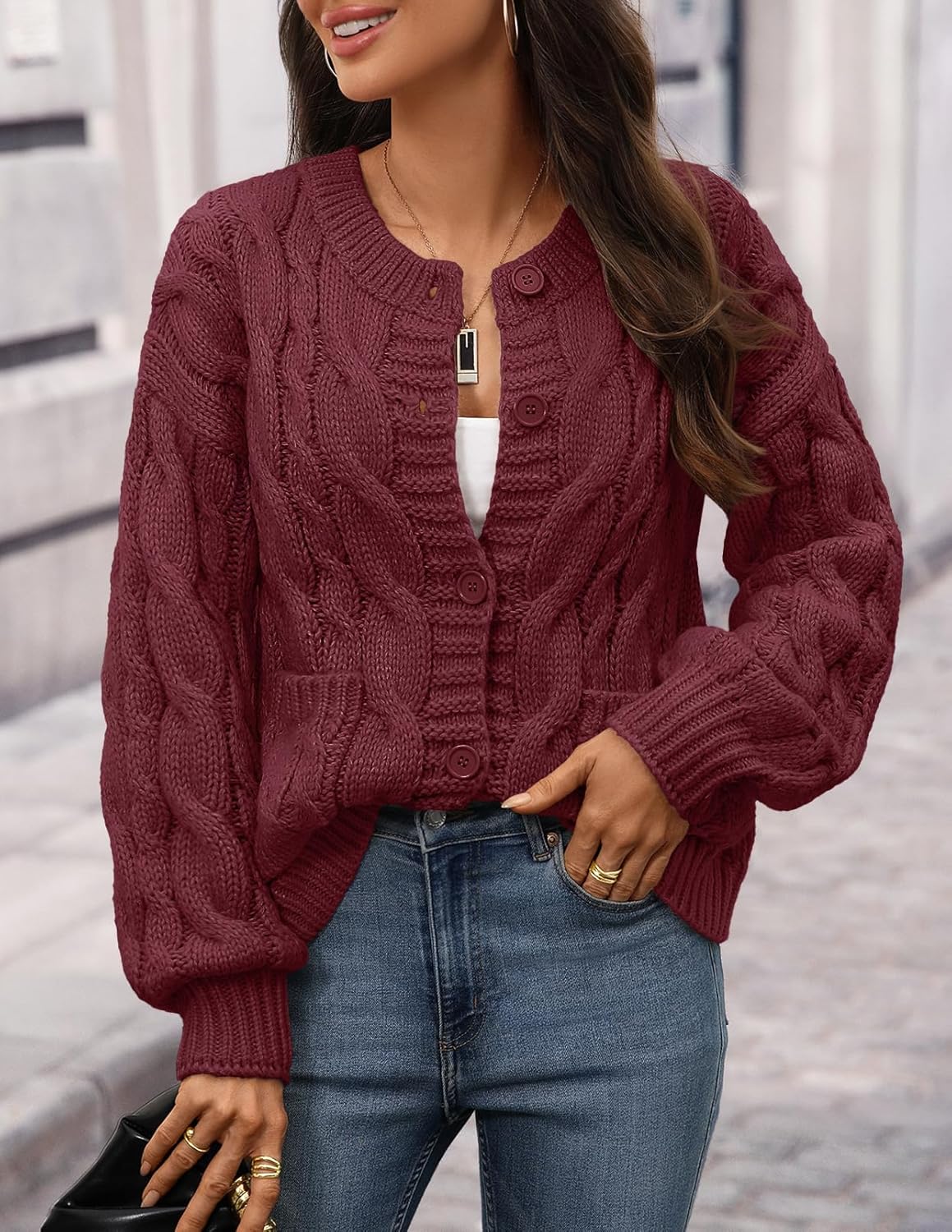 MEROKEETY Women's Cable Knit Chunky Cardigan Sweaters 2025 Fall Winter Trendy Button Up Long Sleeve Coat - Image 3