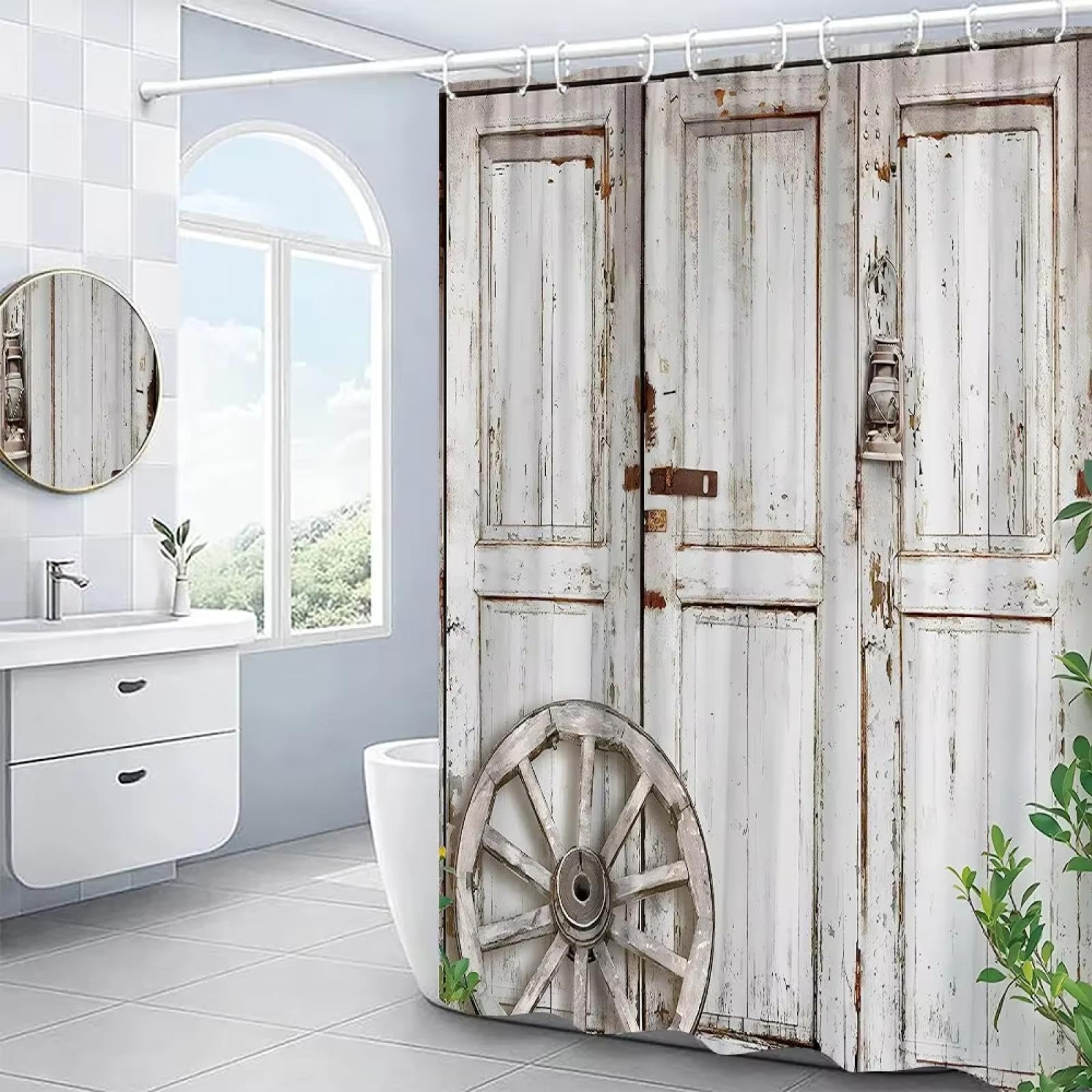 Retro Rustikale Alte Vintage Holz Türen Dusche Vorhang Set Land Scheune Türen Bauernhof Dekor Stoff Bad Vorhänge Bad Bildschirme 90x220cm/WxH