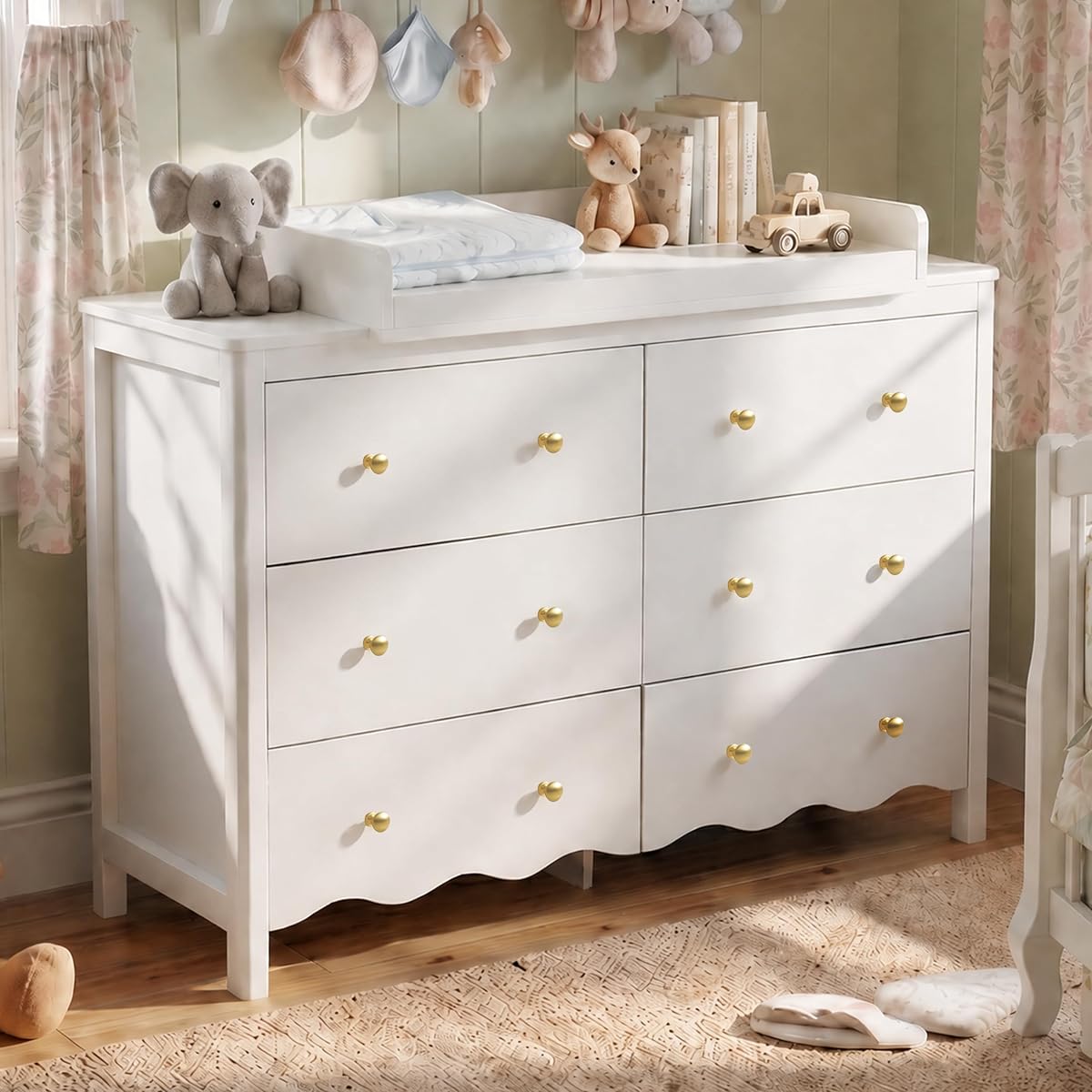 Cómoda de guardería con cambiador para bebé blanco | Cómoda de madera para niños, cómoda para dormitorio con 6 cajones, organizador de cómoda para bebé, estación de pañales