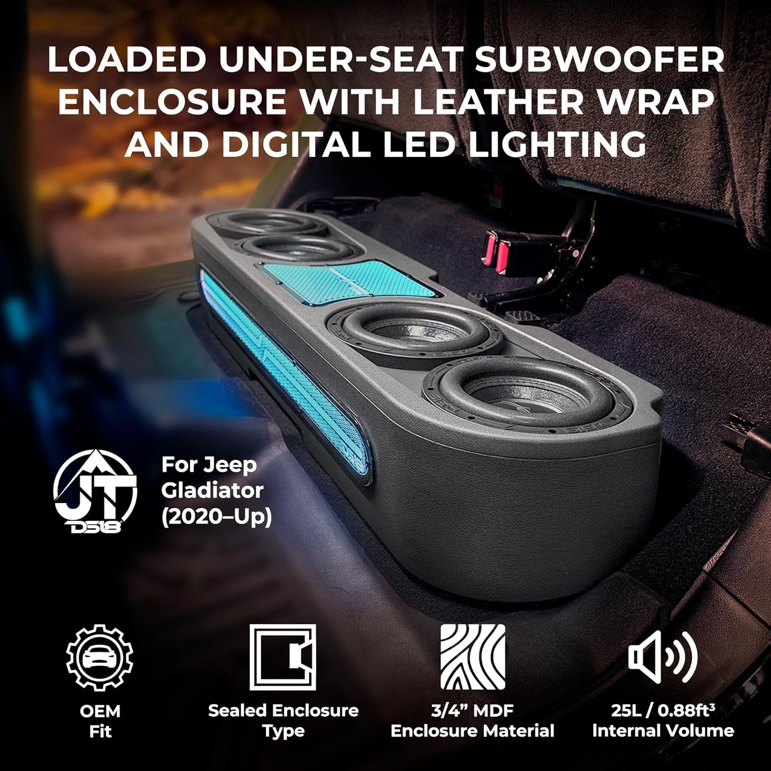 DS18 JT-S84LD Loaded Under-Seat Subwoofer Enclosure with 4X 8 ZR8.2D Subs, 1800W RMS @1-Ohm, Leather Wrapped with Digital RGB LED Lights – Compatible with 2020+ Gladiator