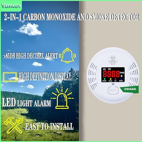 Miniatura 6 de Detector de monóxido de carbono y humo, equipado con pantalla LCD, alimentado por batería, alarma de doble sensor, alarma de voz de 85 dB y