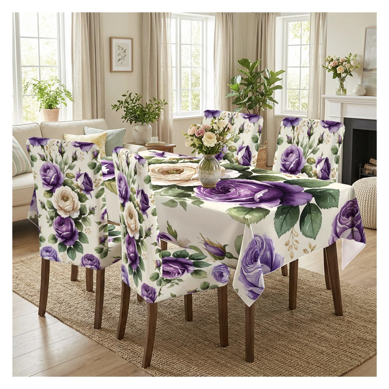 KXUAUV Vintage Purple & White Rose Floral Tablecloth And Chair Covers Set, Stretch Slipcovers For Elegant Cottage Dining Room Decor, 5/7 Pack Party Decor(5pcs Set: Tablecloth+Chair Covers)