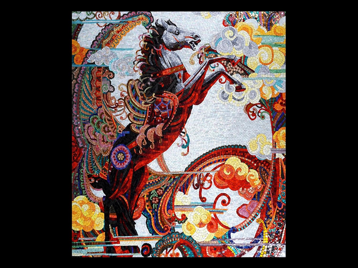 Legendary Horse Mosaic Design | Hand-Cut Custom Mosaics | Marble Mosaics By Mosaics Lab | Handmade Mixed | This Masterpiece Is Great As Wall Art | Perfect For Any Office, Living Room.