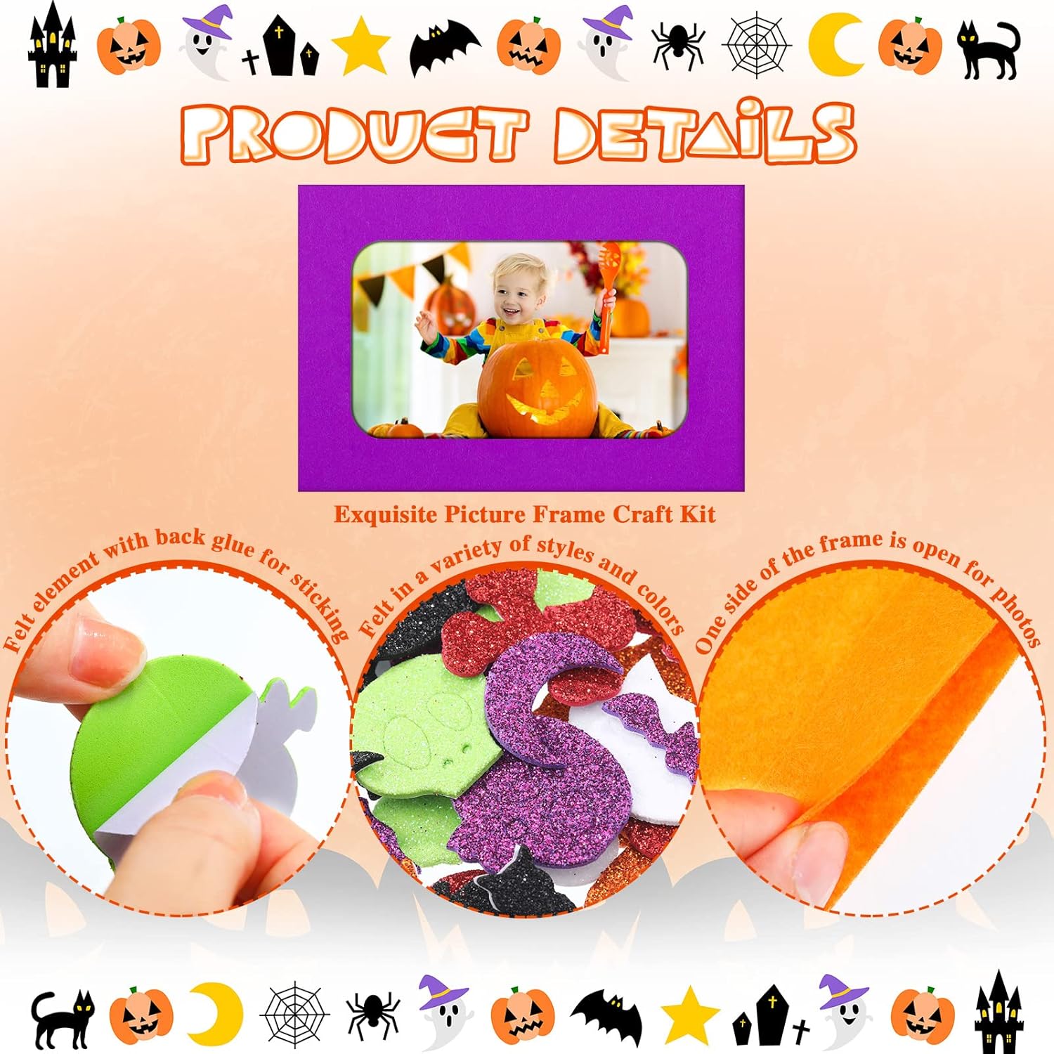 Ferraycle 232 Pieces Halloween DIY Picture Frames Craft Kit 32 Pcs Felt Photo Frames with Pumpkin Halloween Crafts to Decorate with 200 Foam Stickers for Party Favor Home