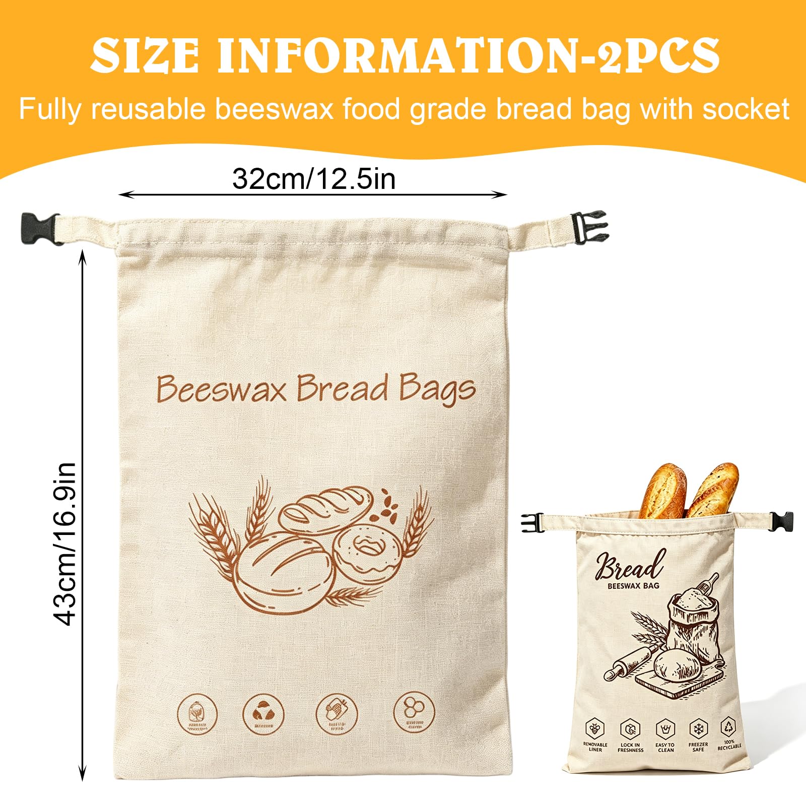 Sacs à pain en cire d'abeille réutilisables 43 x 32 cm avec mousqueton et doublure TPU amovible