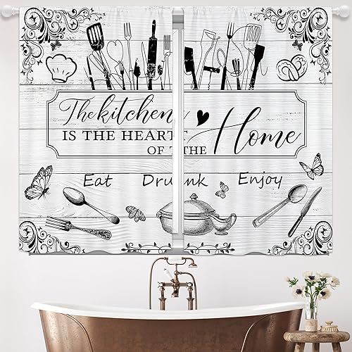 Miniatura 6 de Yorida Cortinas de cocina rústicas para cocina, cortinas cortas rústicas para ventana pequeña, tenedor y cuchara, tablero de madera, granero, retro,