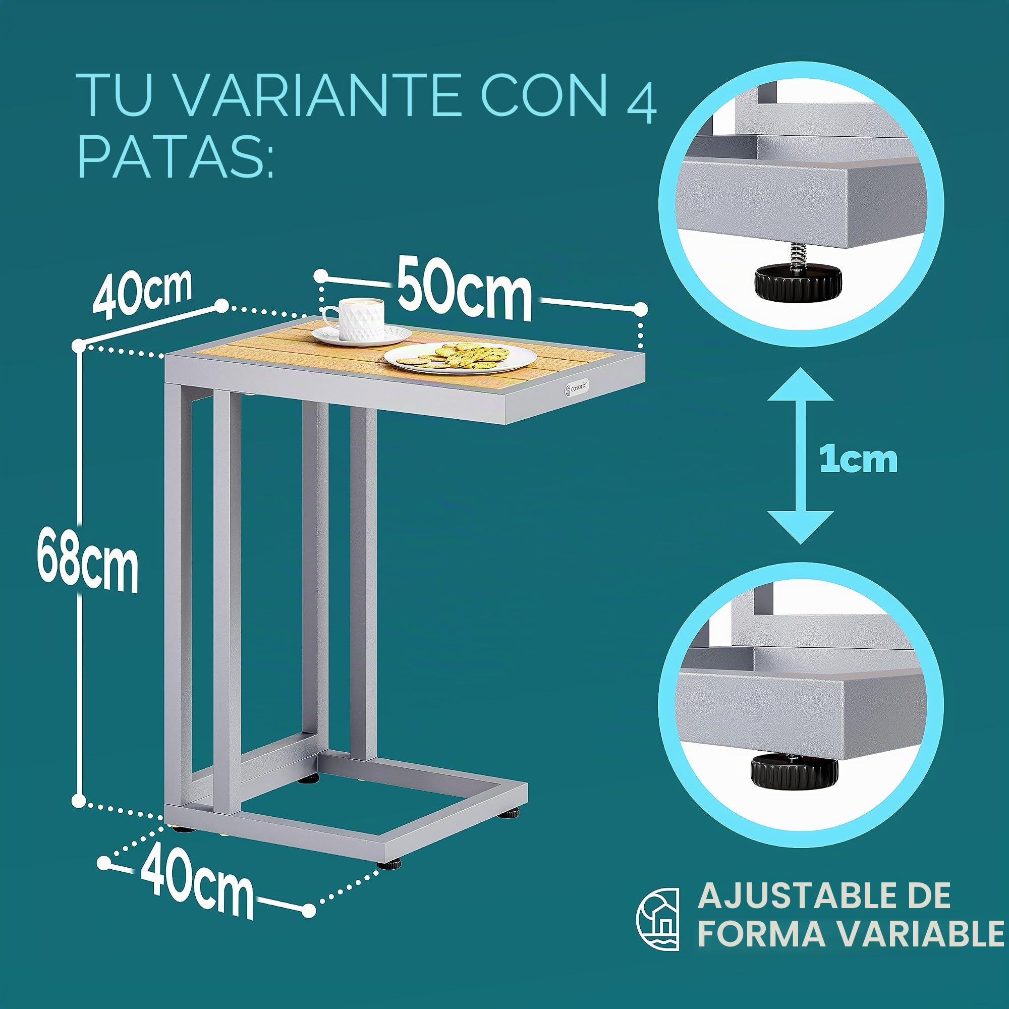 CASARIA® Mesa Auxiliar Forma C Mesita Lateral 4 Ruedas Carga 25Kg Crema
