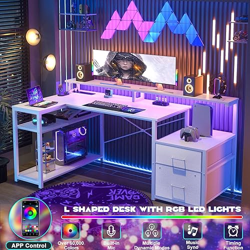 Miniatura 4 de Aheaplus Escritorio en forma de L con cajón de archivos, escritorio reversible en forma de L para computadora y juegos con toma de corriente y