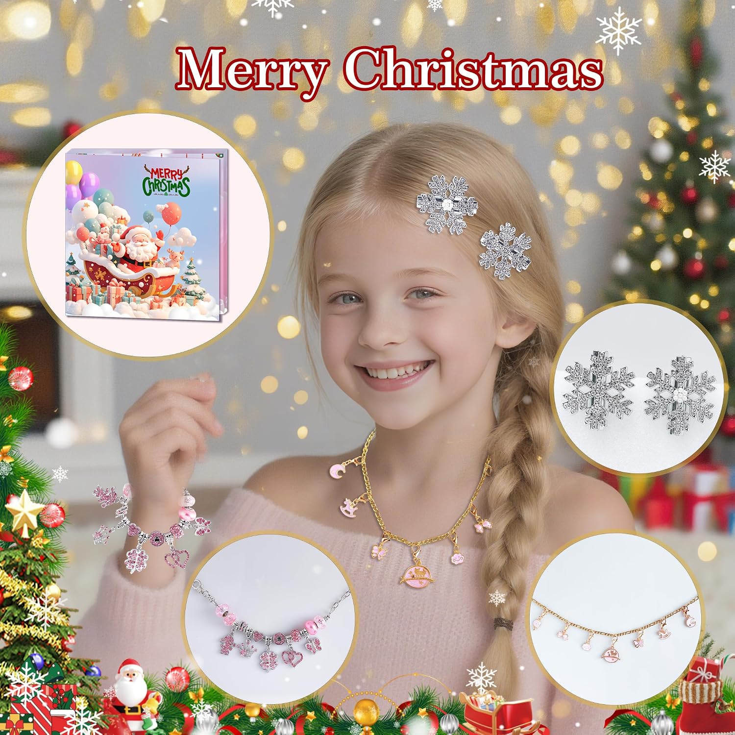 Advent Calendar For Girls 2025 Christmas DIY Bracelet Necklace 24 Days Of Pink Jewelry Set-Inclued 1 Bracelets 1 Necklace 20 Charms And 2 Snowflake Hairpin New Year Surprise Gift For Kids Teens Women