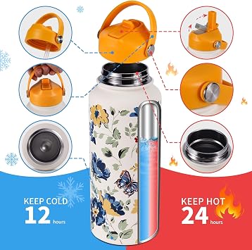 Goetland Flowers Water Bottle 1l Beverage Bottle with Straw Lid Stainless Steel Wide Mouth Vacuum Insulated Cute UV Printing Leak Proof for Women Girls Kids Bright Yellow