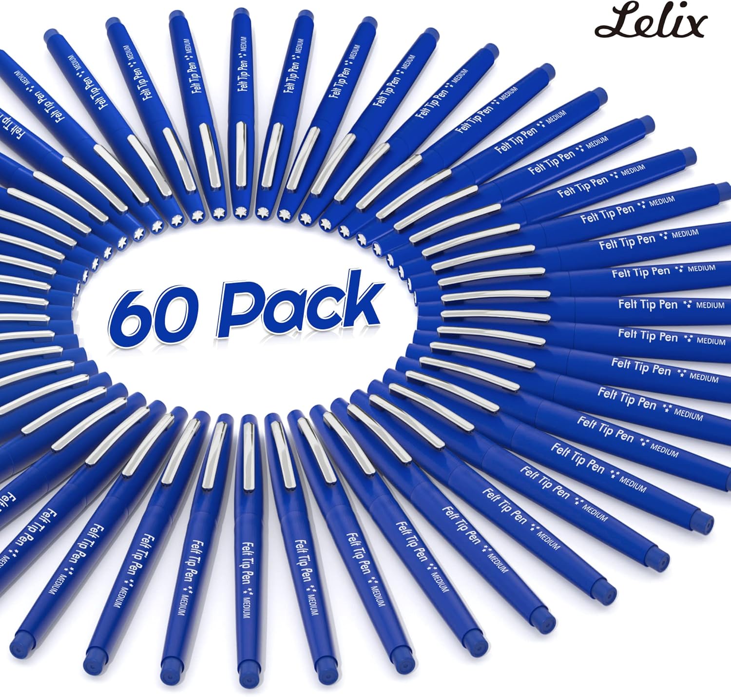 Lelix Felt Tip Pens, 60 Blue Pens, 0.7mm Medium Point, Felt Tip Markers Pens for Journaling, Writing, Note Taking, Planner, Perfect for Art Office and School Supplies