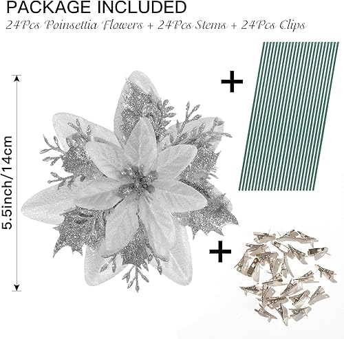 Miniatura 3 de Kisflower 24 flores artificiales de Pascua plateadas con clips y tallos, adornos de árbol de Navidad con purpurina para Navidad, Año Nuevo, boda,