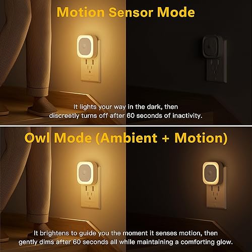 Miniatura 3 de Paquete de 2 luces nocturnas enchufables con sensor de movimiento y sensor de atardecer a amanecer, 3 modos de sensor, luces nocturnas regulables