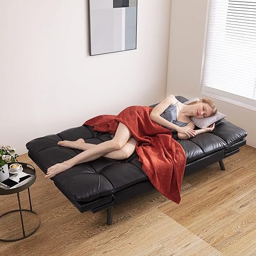 Miniatura 4 de Vyfipt Sofá cama tipo futón, sofá pequeño de espuma viscoelástica de piel sintética para sala de estar, sofá biplaza moderno con reposabrazos Negro