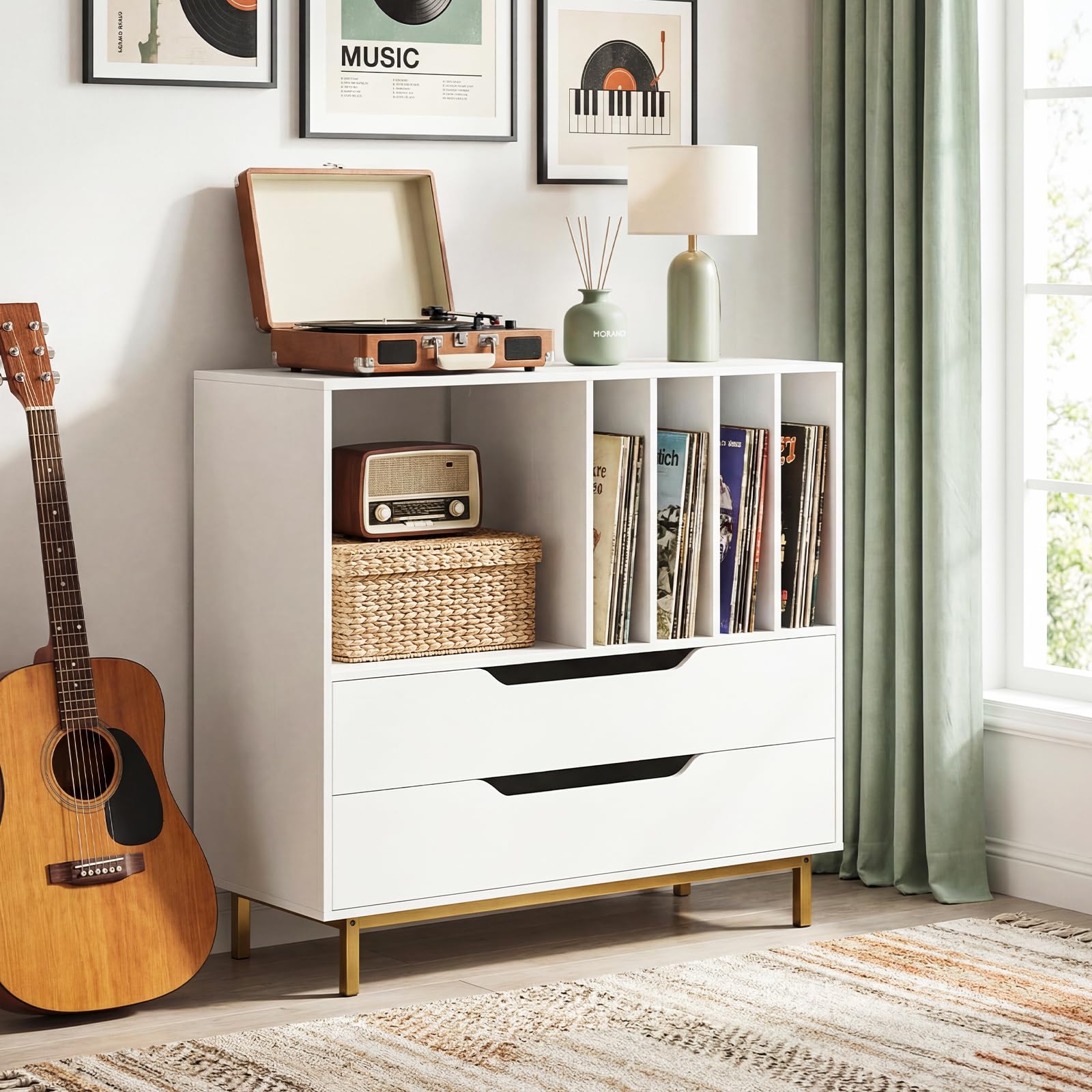 COSTWAY Plattenspielerständer, Mittelalter Plattenspielertisch mit offenem Fach, 4 Vinyl-Fächern & 2 Schubladen, Schallplattenschrank mit Vinylaufbewahrung für Wohnzimmer & Schlafzimmer (Weiß)
