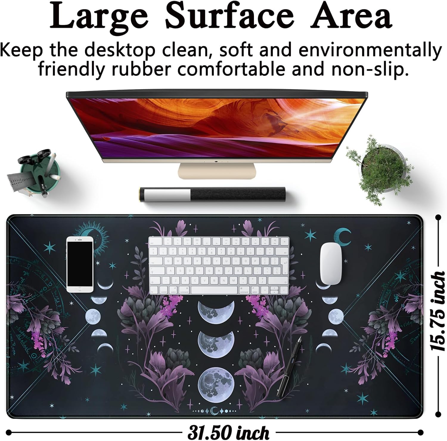 Celestial Moon Phases Mouse Pad Large Purple Desk Mat Forest Extended Gaming Mousepad Violet Teal Desk Pad XXL 31.5 x 15.7 in Laptop Computer Mouse Keyboard Mat for Office Desk Decor - Image 2