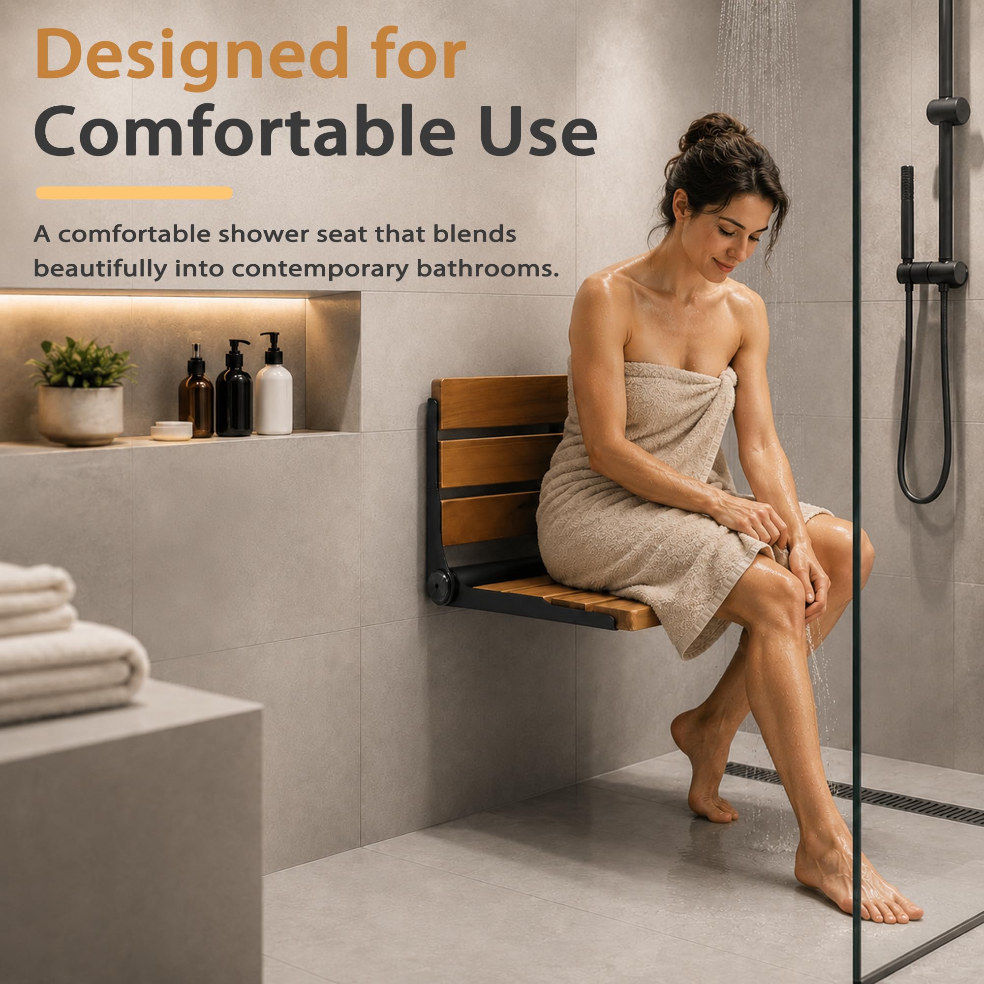 Bathla - Asiento de Ducha Plegable de Teca, Muebles de Seguridad de Acero Inoxidable, Asientos de Ducha para Ancianos, Asiento de Ducha Plegable, Color Negro