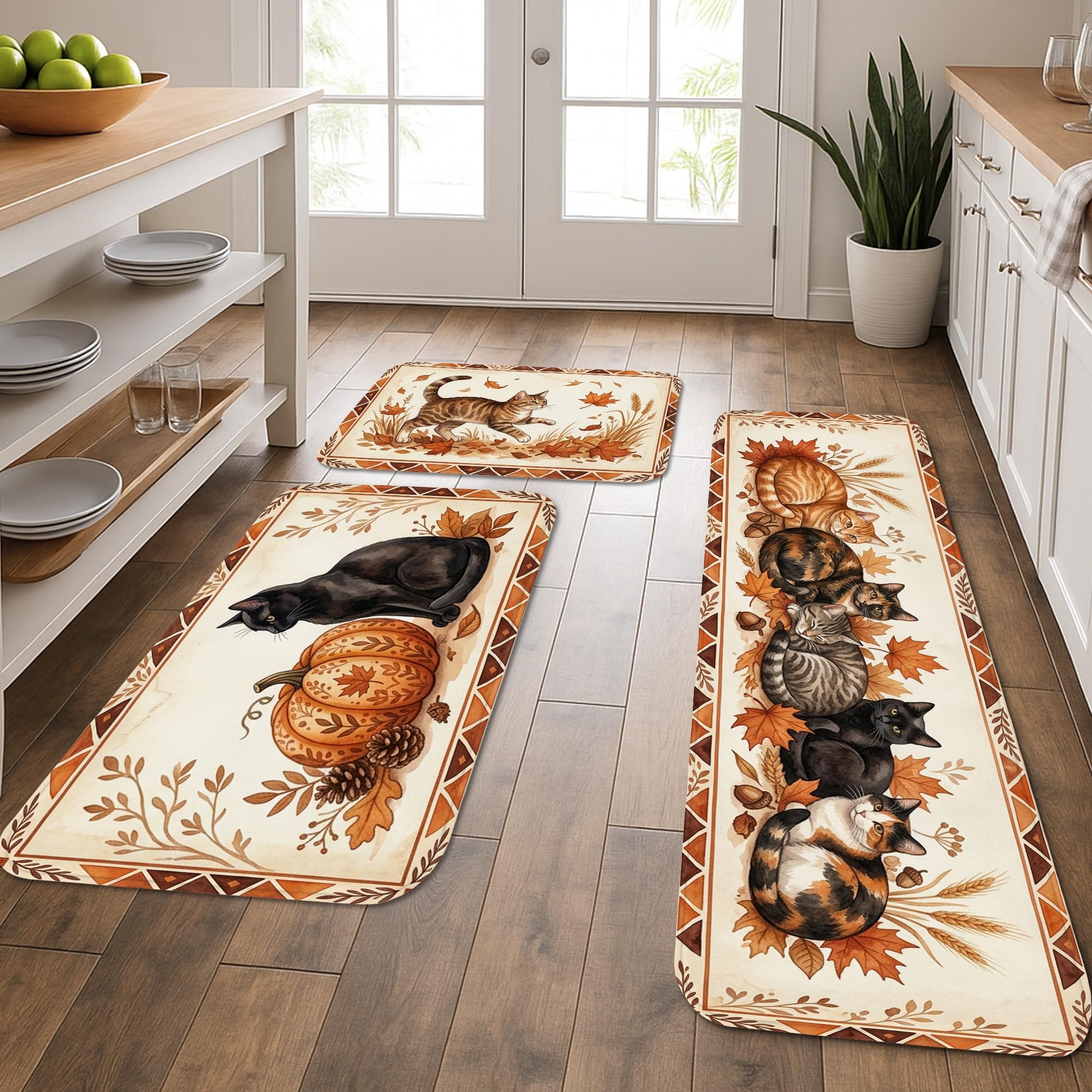 Tapis de sol rembourré cuisine buanderie marron lavable avec motif chat rustique