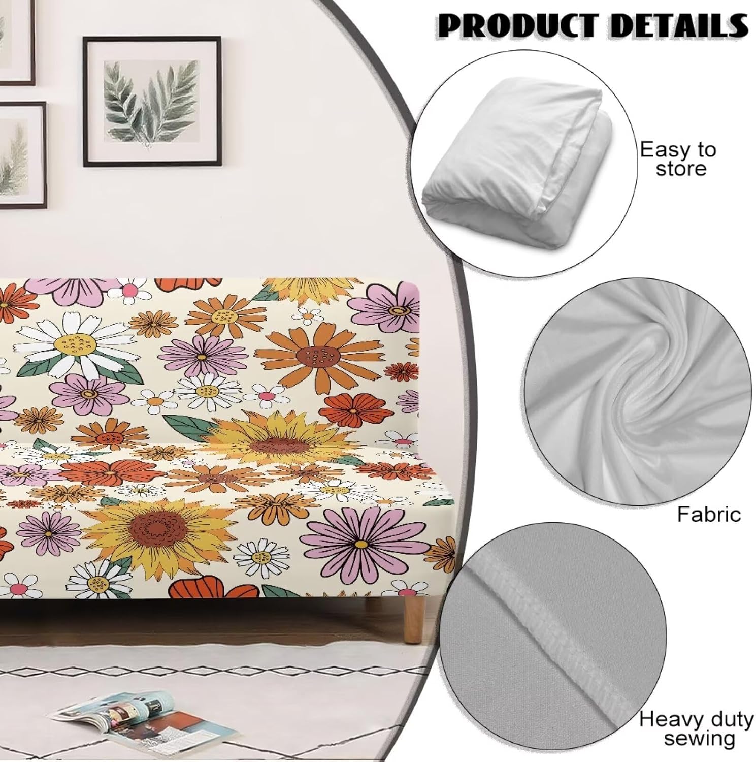 Armless Futon Slipcover Furniture Protector Stretch Futon Covers Folding Sofa Couch Bed Slipcover with Elastic Bands Colorful Cute Daisy Flowers