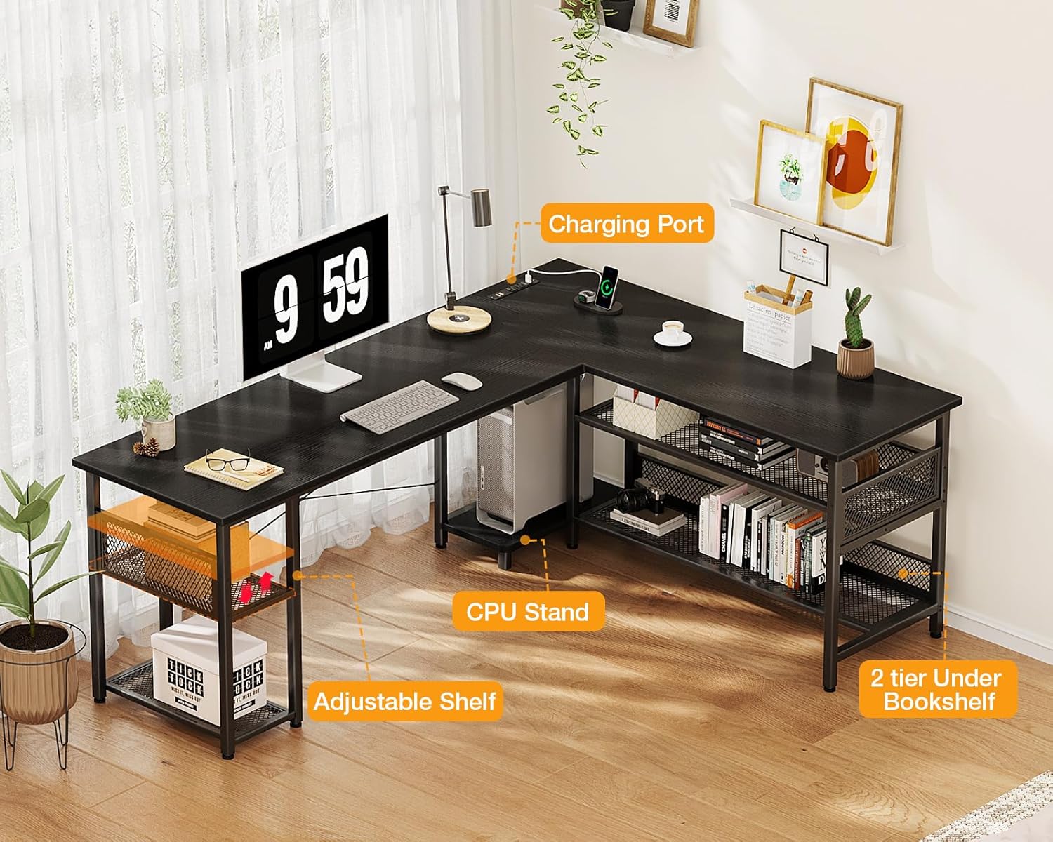 ODK L-Shaped Desk showing storage shelves and CPU stand.