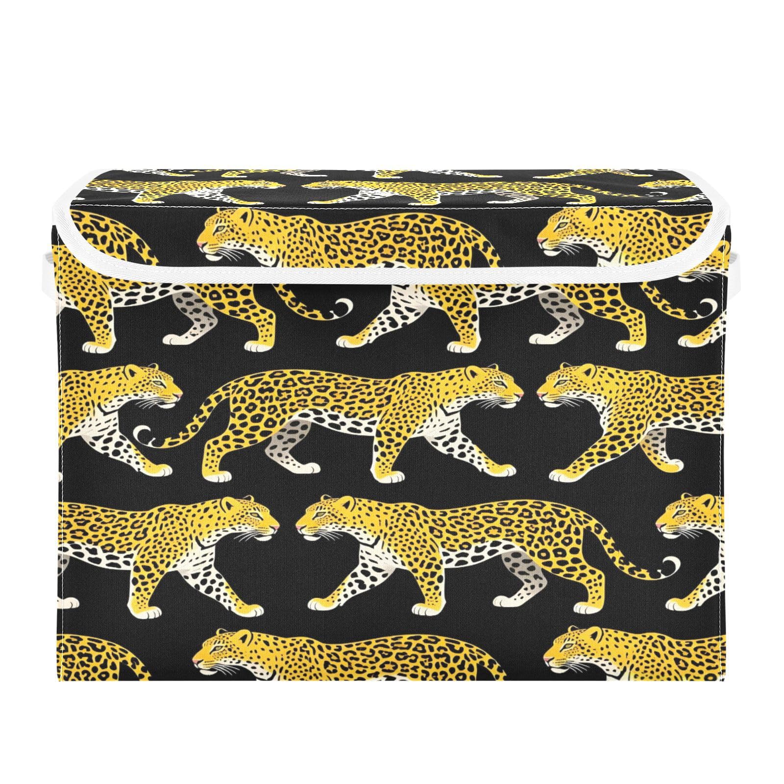 Ewusp Leopard Fabric Storage Bin with Lid, Decorative Foldable Storage Basket with Handles, Stackable Closet Shelf Organiser Box for Clothes, Books, Bedroom, Living Room