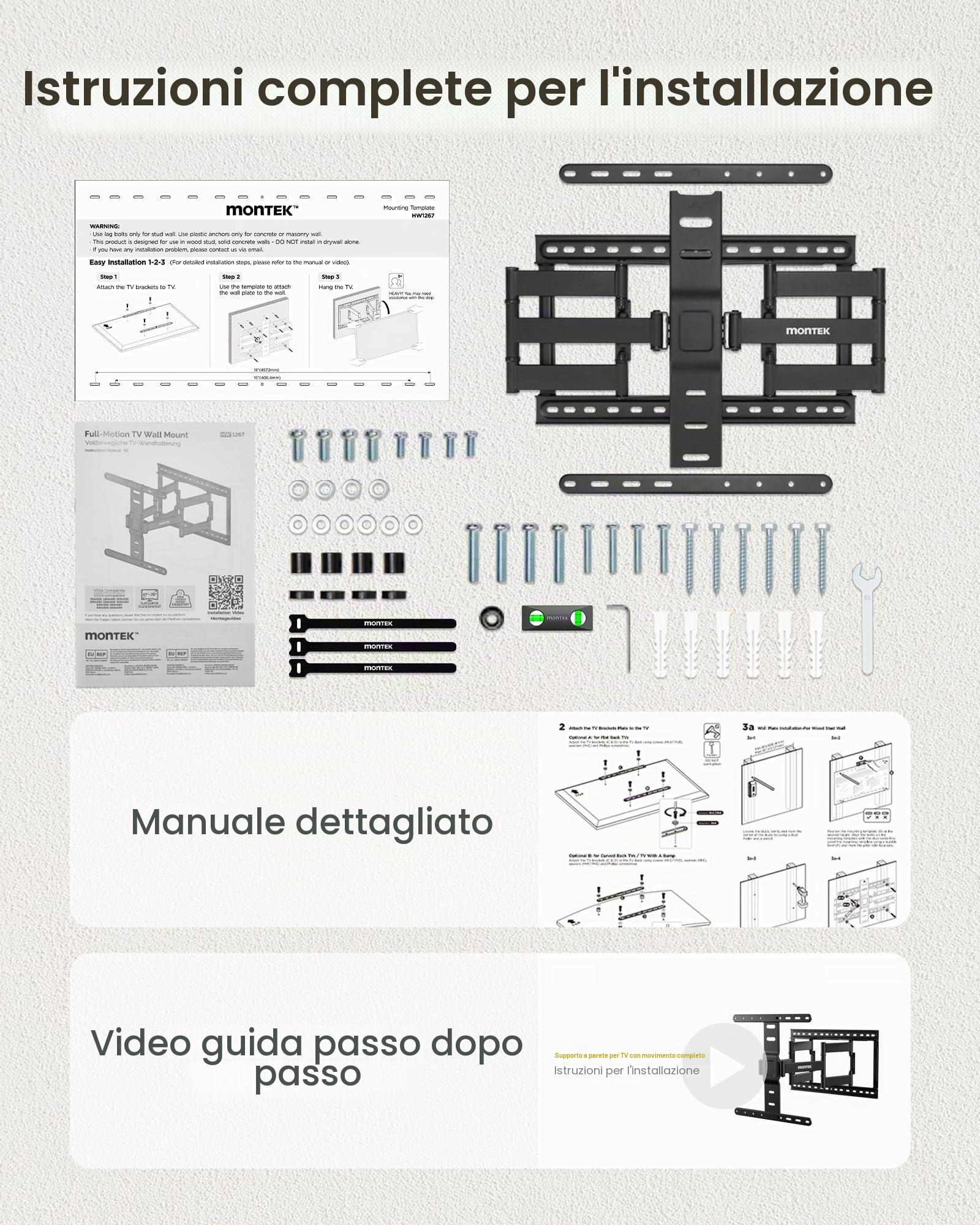 monTEK Supporto da parete ultra sottile da 1,1" per TV da 37-75 pollici fino a 60 kg, supporto TV a basso profilo, orientabile, inclinabile ed estensibile, supporto da parete completamente mobile