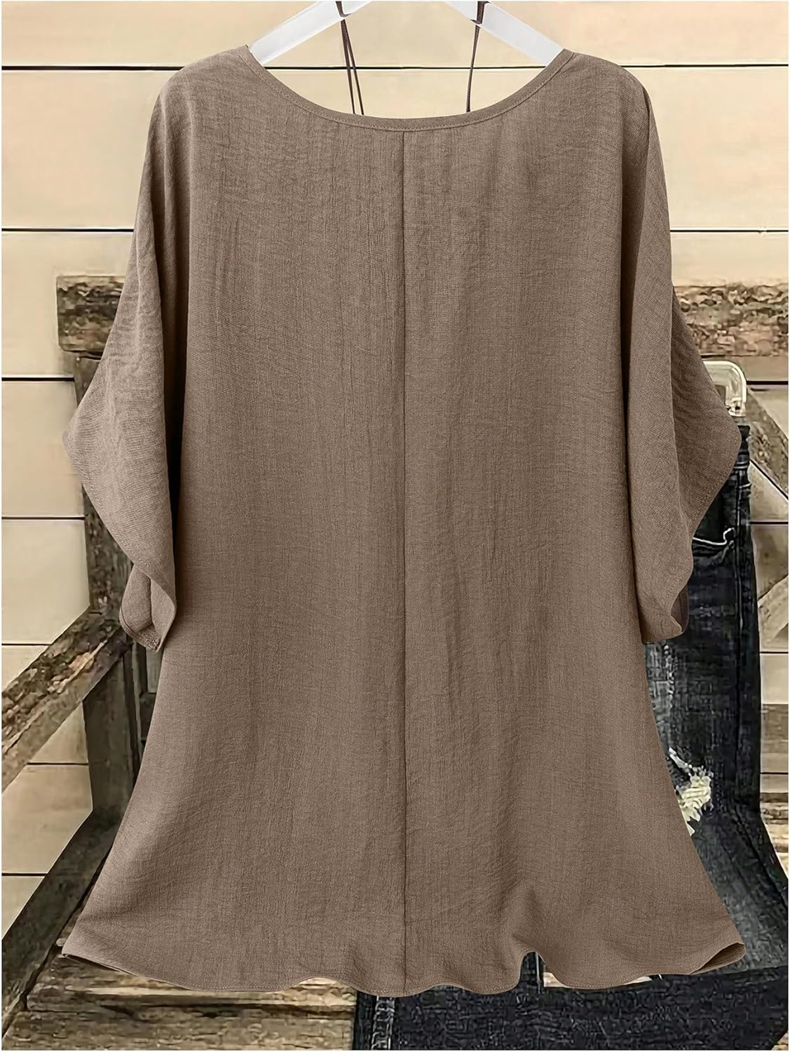 MakeMeChic Women's Boho Retro Plus Size Contrast Lace Blouse V Neck Dolman Sleeve Shirt Tops - Image 2