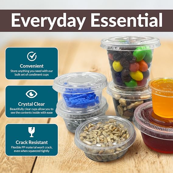 Reli. 1 oz Small Containers with Lids 250 Sets | Plastic Portion Cups | Condiment Container, Plastic Containers 1 oz, Portion Cups, Jello Shot Cups, Clear, Airtight, Stackable, for Sauce