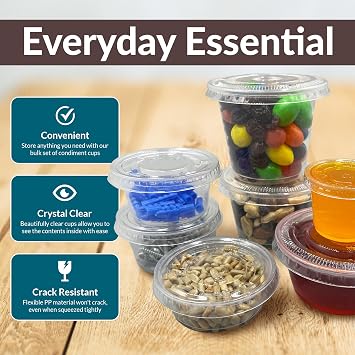 Reli. 1 oz Small Containers with Lids 250 Sets | Plastic Portion Cups | Condiment Container, Plastic Containers 1 oz, Portion Cups, Jello Shot Cups, Clear, Airtight, Stackable, for Sauce
