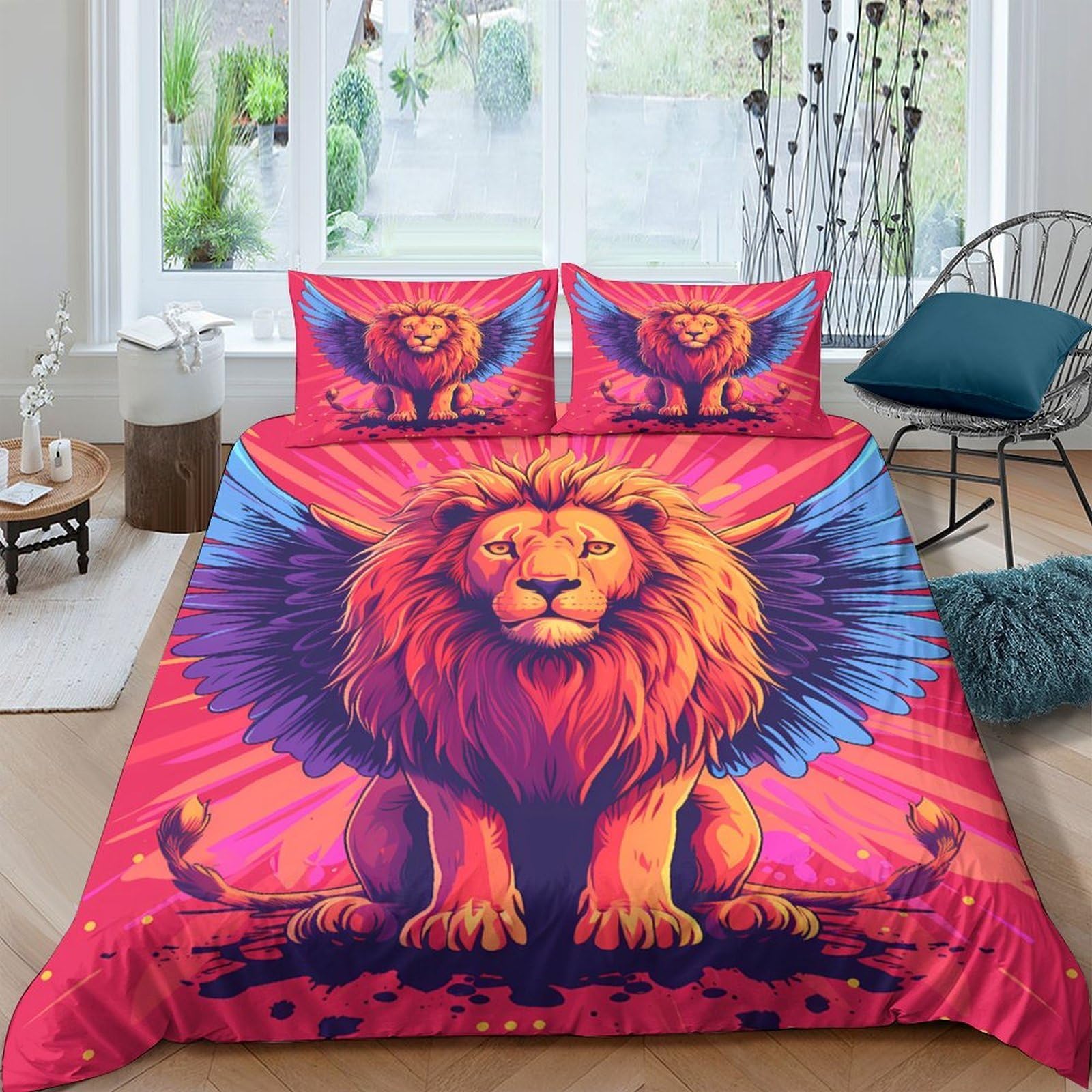 Ctjqhvkz Style-8 3D Printed Majestic Lion Fitted Sheet Microfiber Vibrant Winged Lion Mattress Cover Bedroom Dorm Decor Easy Care Single（135X200cm）