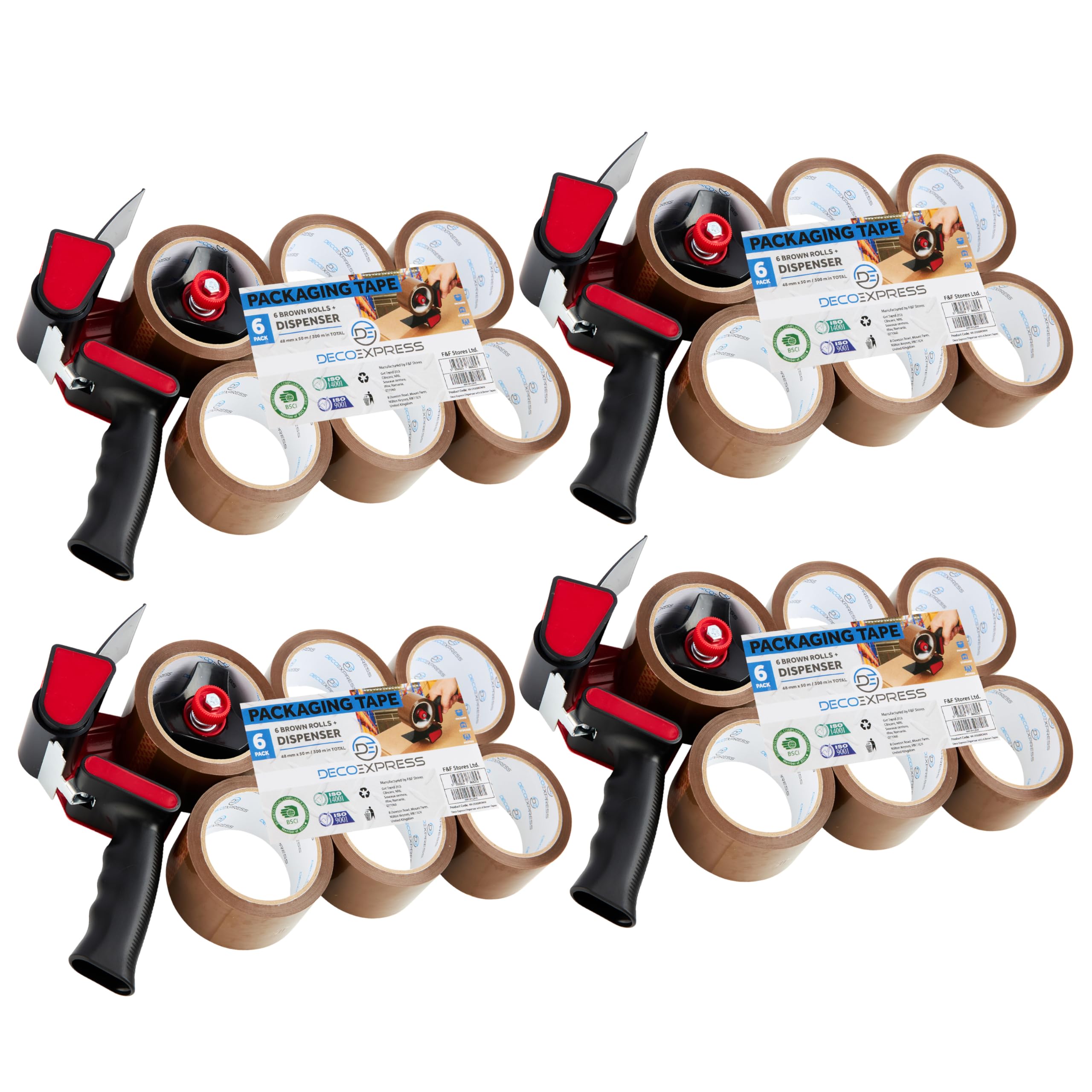 DECO EXPRESS Packaging Tape Dispenser Gun and 6 Rolls Parcel Tape Strong Brown Fragile Clear Heavy Duty for Packing Boxes Moving House Essentials (Dispenser Brown, 4 Pack)