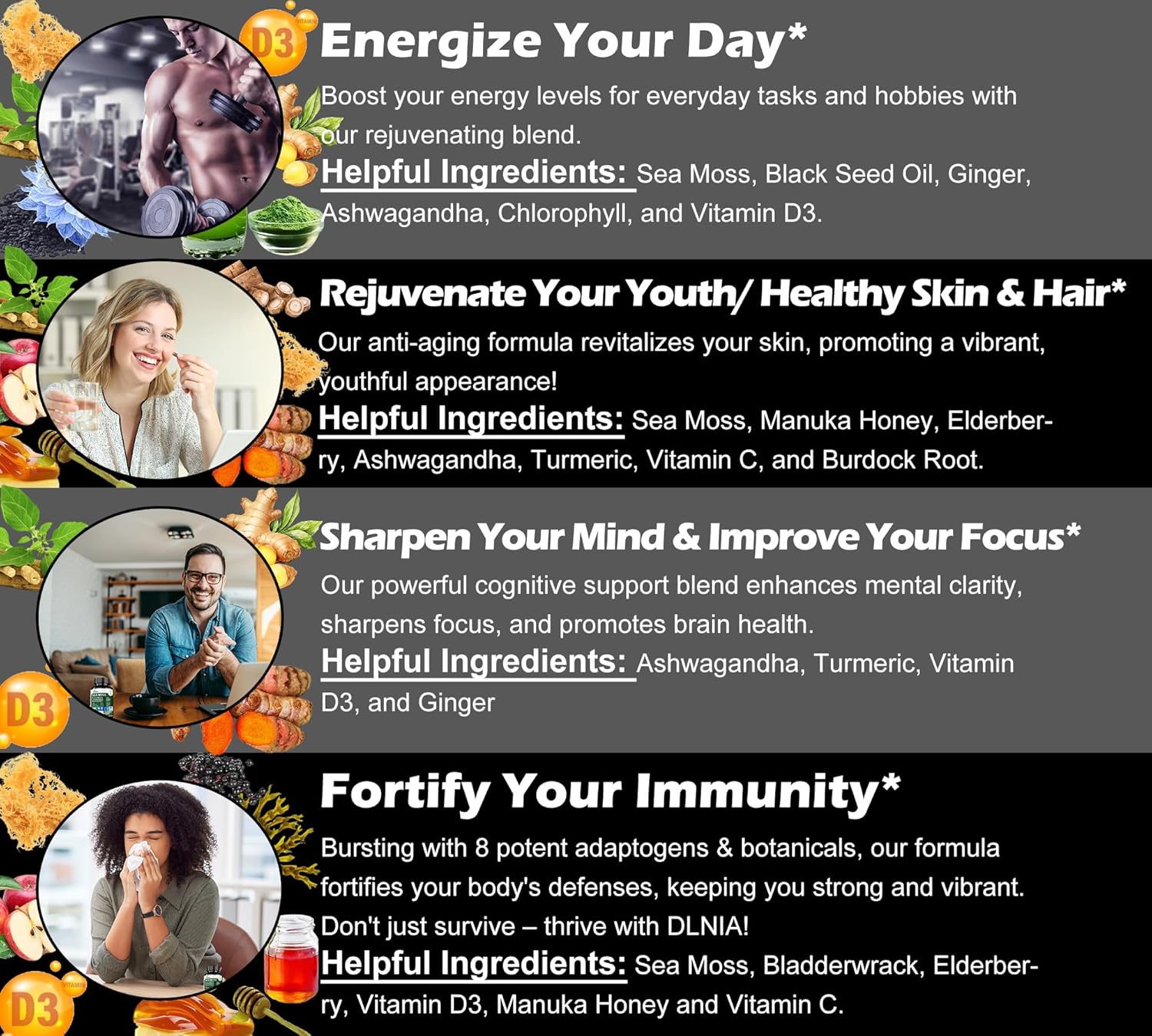 16-in-1 Organic Sea Moss Gel Alternative Capsules – Superfood Blend with Ashwagandha, Black Seed Oil, Turmeric, Bladderwrack, Burdock, Elderberry, Manuka, Dandelion, Yellow Dock, Vitamin C & D3 - Image 8