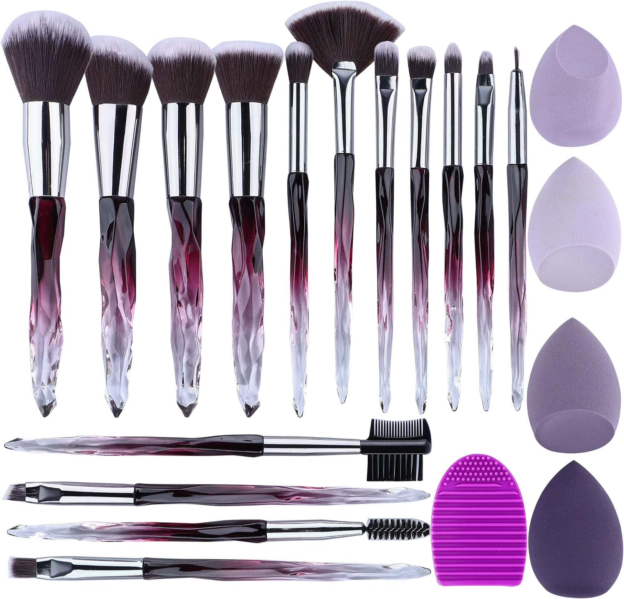XMOSNZ Makeup Brushes 15pcs Make up Brushes Crystal Handle Highlighter Makeup Foundation Makeup Make Up Brush Sets Eyebrow Brush Professional with 4 Makeup Sponge