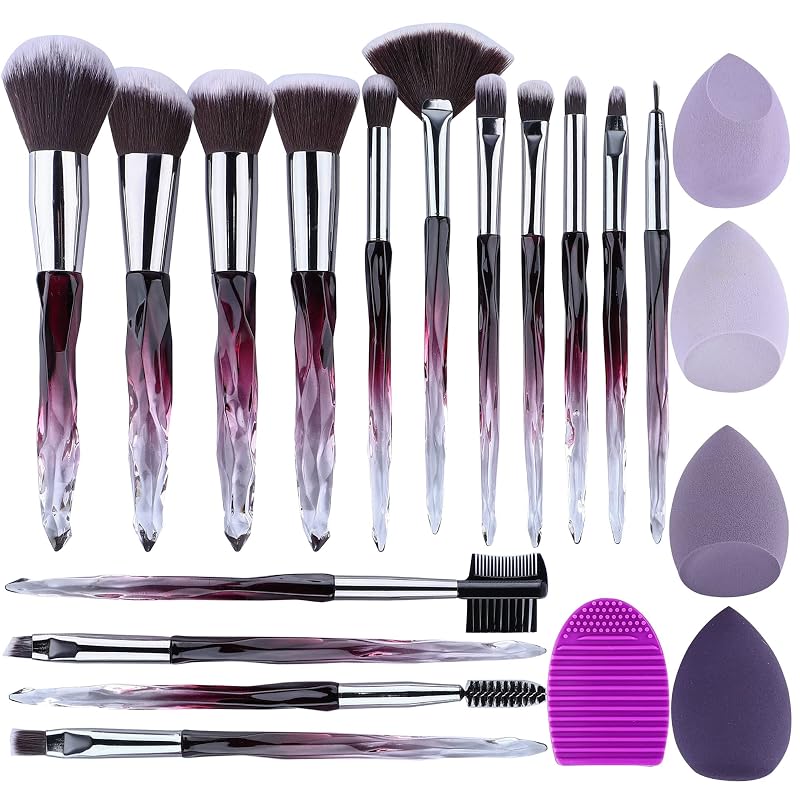 Kit de Pincéis de Maquiagem XMOSNZ com Cabo de Acrílico Roxo, 15 Peças, 4 Esponjas e Limpador