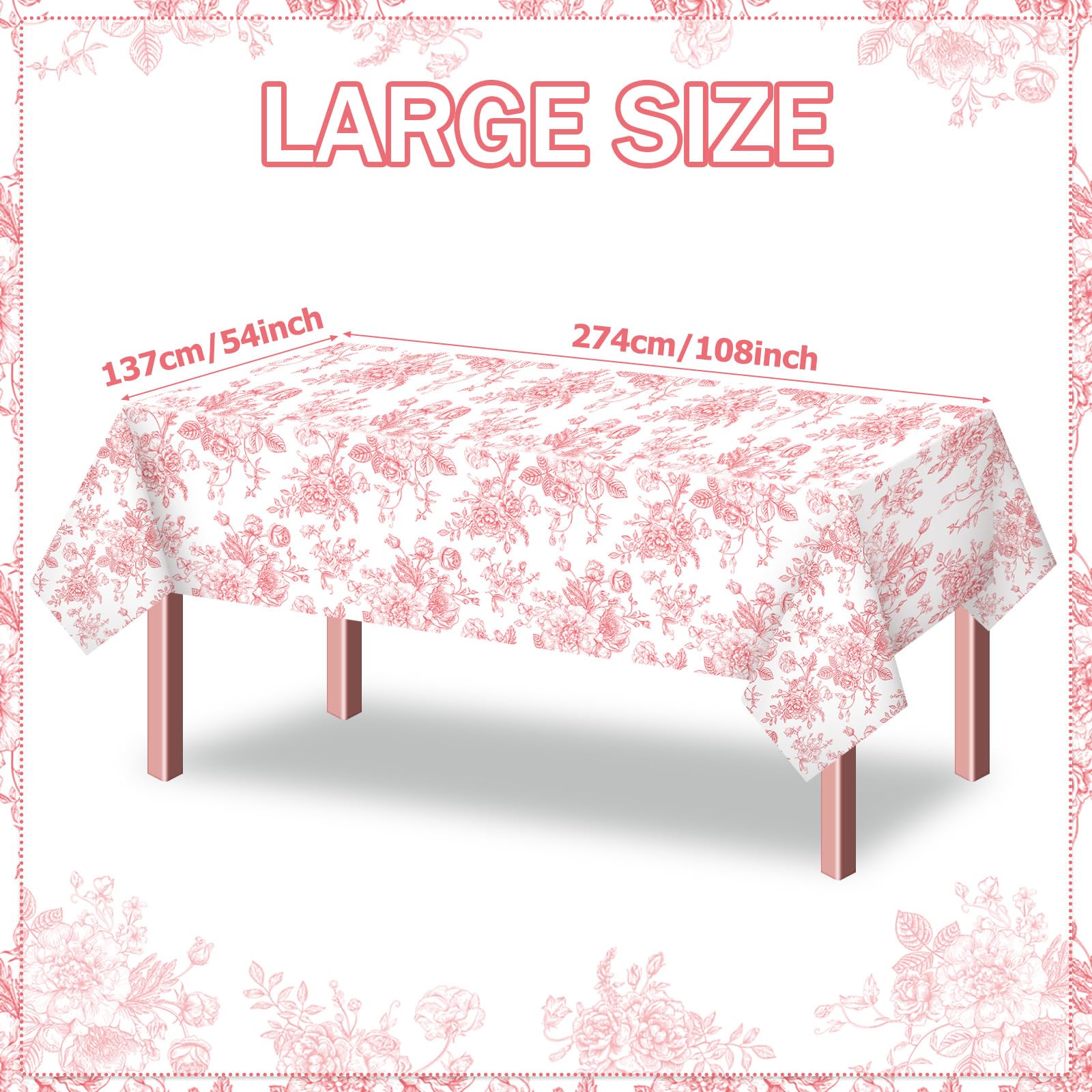 FuWeave 3 manteles desechables de flores rosas, centro de mesa de plástico, decoración de Navidad para cocina, jardín, fiesta de té, hogar, 137 x 274 cm