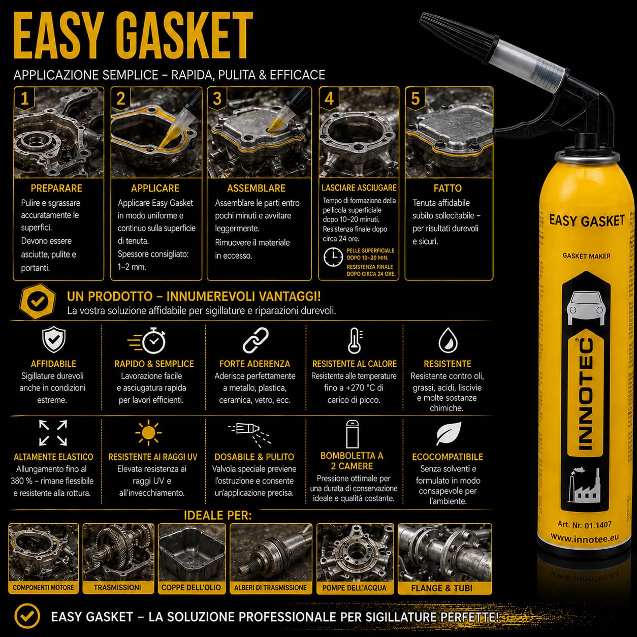Innotec Sigillante motore Easy Gasket – Sigillante, guarnizione testa cilindrica, guarnizione per vasca d'olio, nero ad alta temperatura, guarnizione liquida – ingranaggi motore guarnizione coppa olio