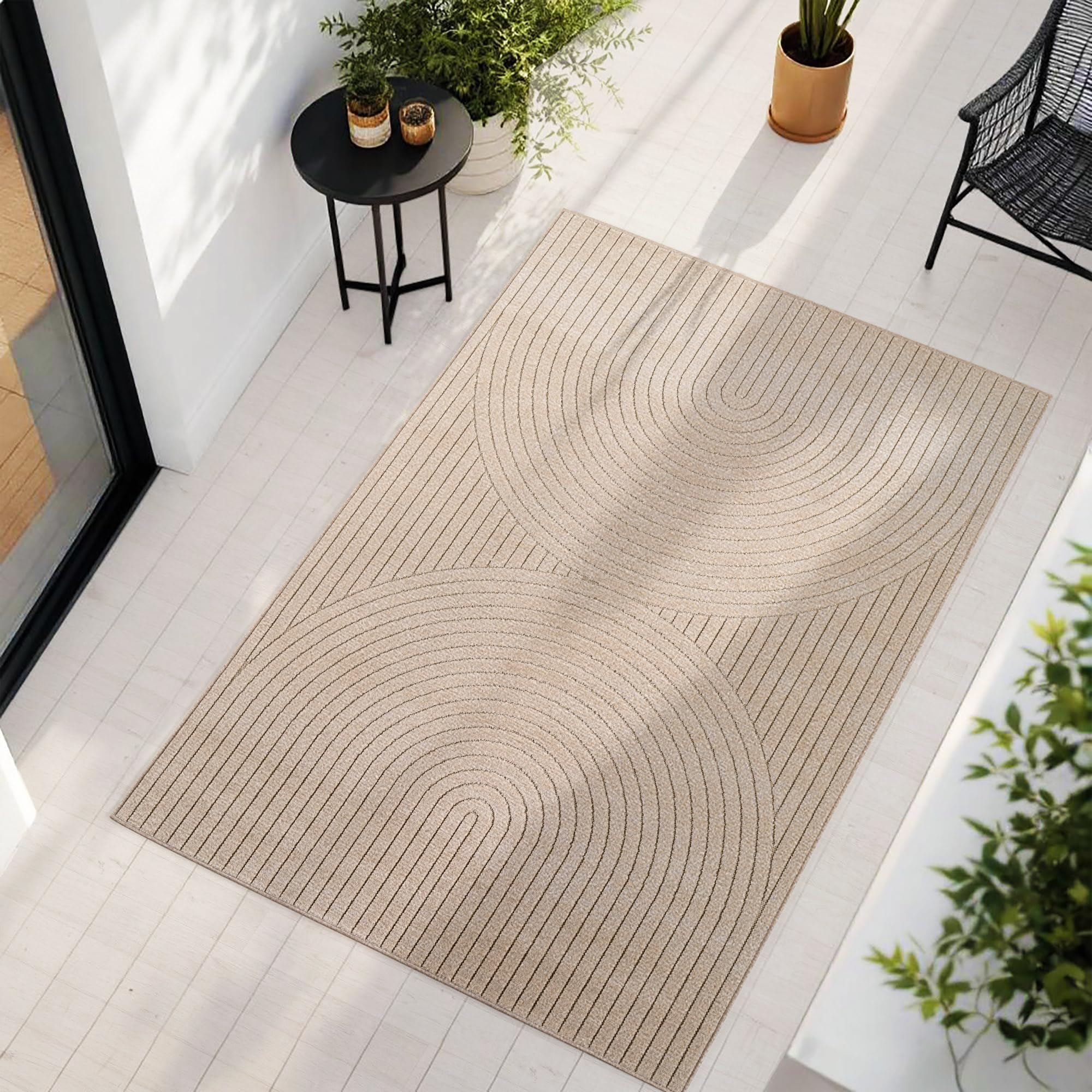 Teppium Kurzflor Teppich 160x230 cm Beige Wohnzimmer, Schlafzimmer, Küche, 3D Hoch-Tief-Effekt, Skandinavisch Boho Motiv, für Outdoor Bereich geeignet Terrassen oder im Balkon