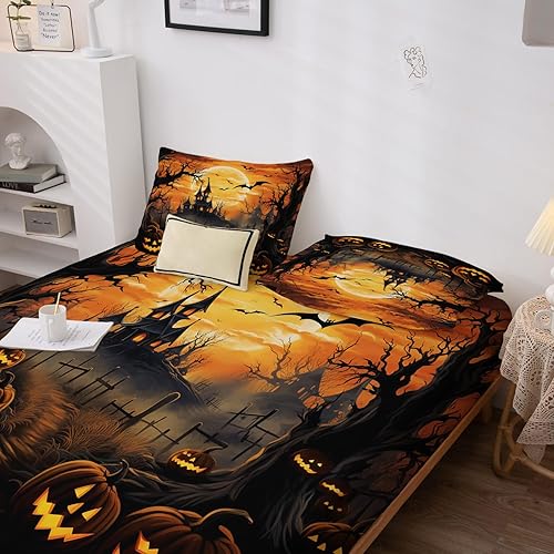 Miniatura 179 de Sábanas de Halloween tamaño individual – Juego de sábanas espeluznantes de calabaza murciélago para niños y niñas, juego de sábanas temáticas