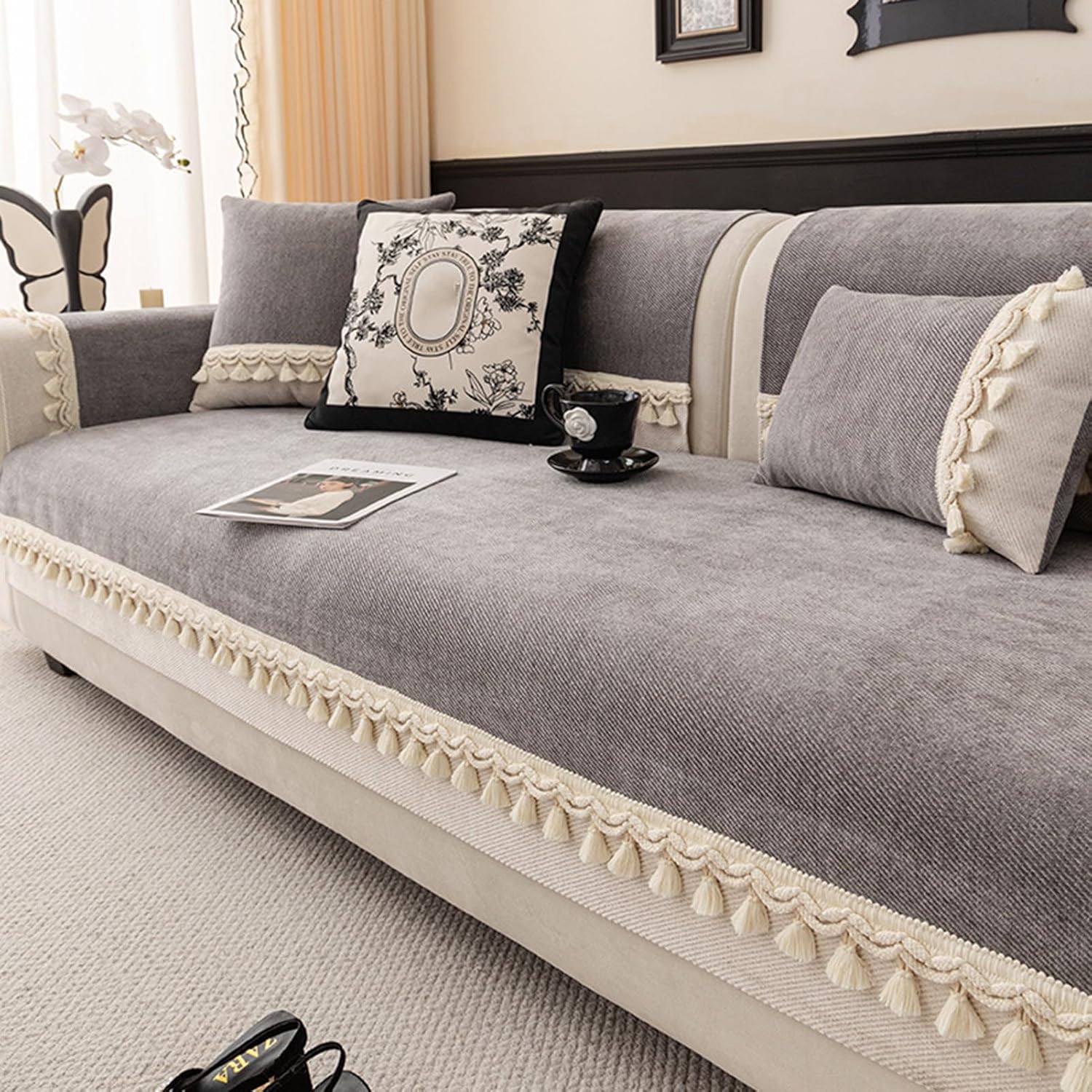 Couch Cover with Chaise Lounge 3 Seat, Non Slip Sofa Covers for Sectional Sofa Set with Tassel Decorations Khaki 110x160