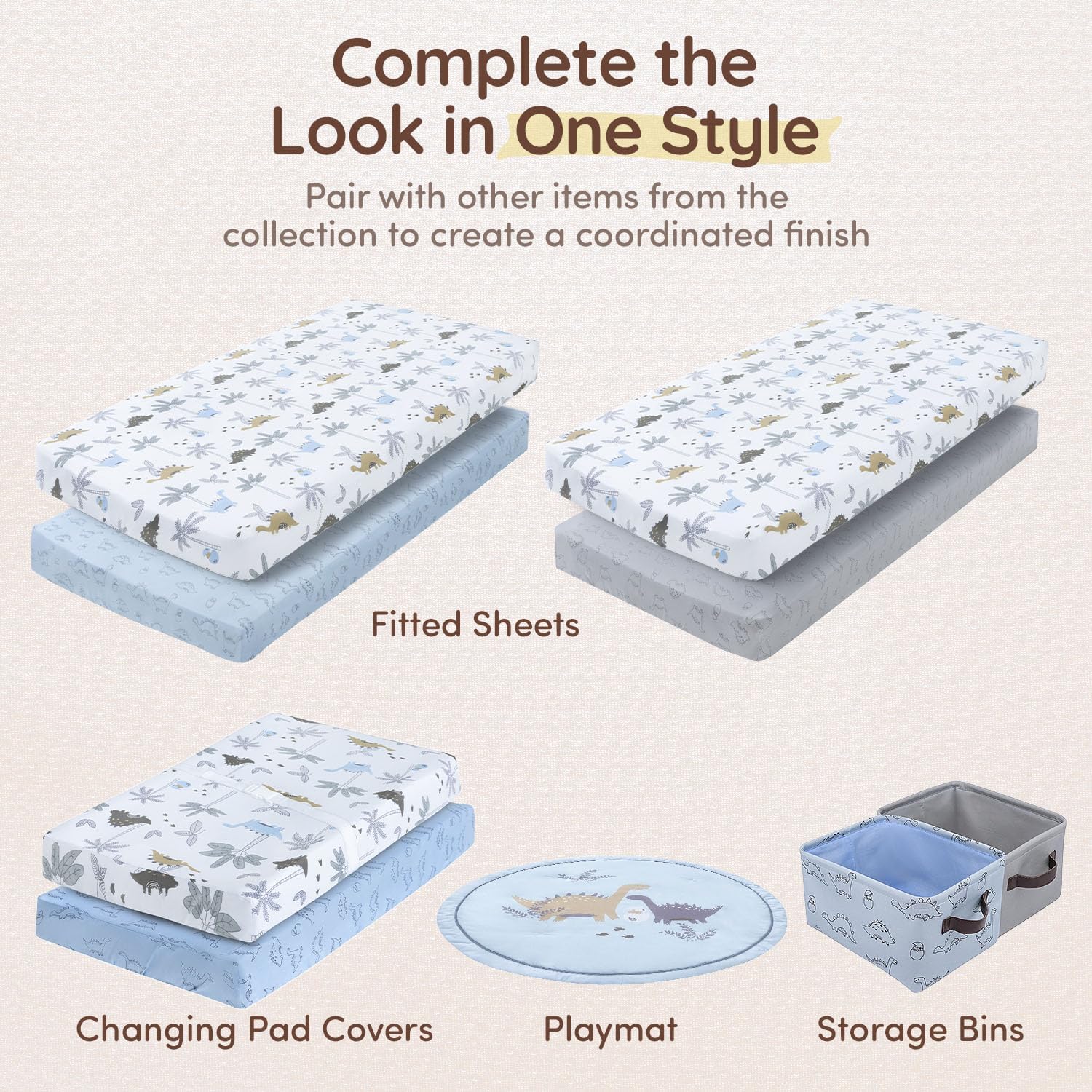 Fabric Storage Bins Cute for Nursery 8"x5.2"x10" - Collapsible Blue Dinosaur & Grey Kids Baskets with Handles 2 Pack, Hamper Fabric Bin, Toy Toddler Basket, Diaper Storage Bins, Baby Room Decor