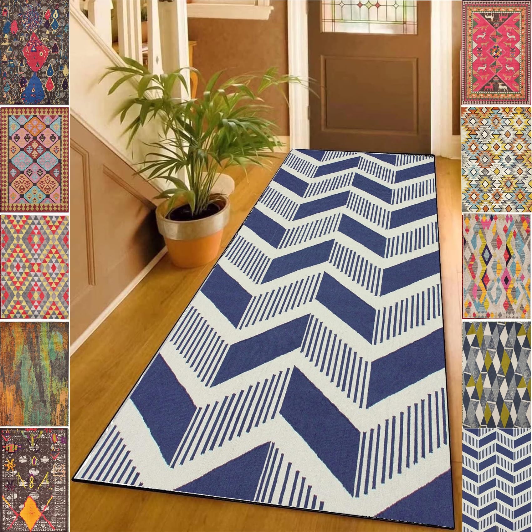 Tapis de passage bleu C 90x100 cm moderne et lavable pour couloir