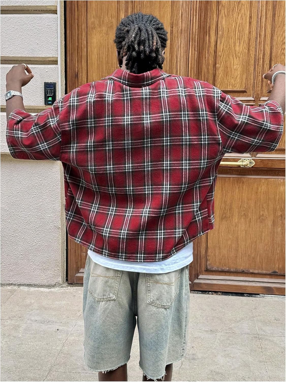 GORGLITTER Men's Gingham Cropped Shirt Button Up Checkered Jersey Y2K Graphic Boxy Cool Streetwear Crop Tops - Image 3